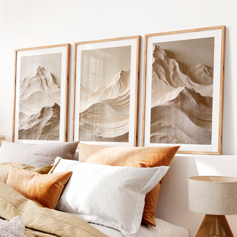 Mountain Relief modern japandi style in Warm Ivory- Natural Wood Framed Poster with White Border - Artworksets