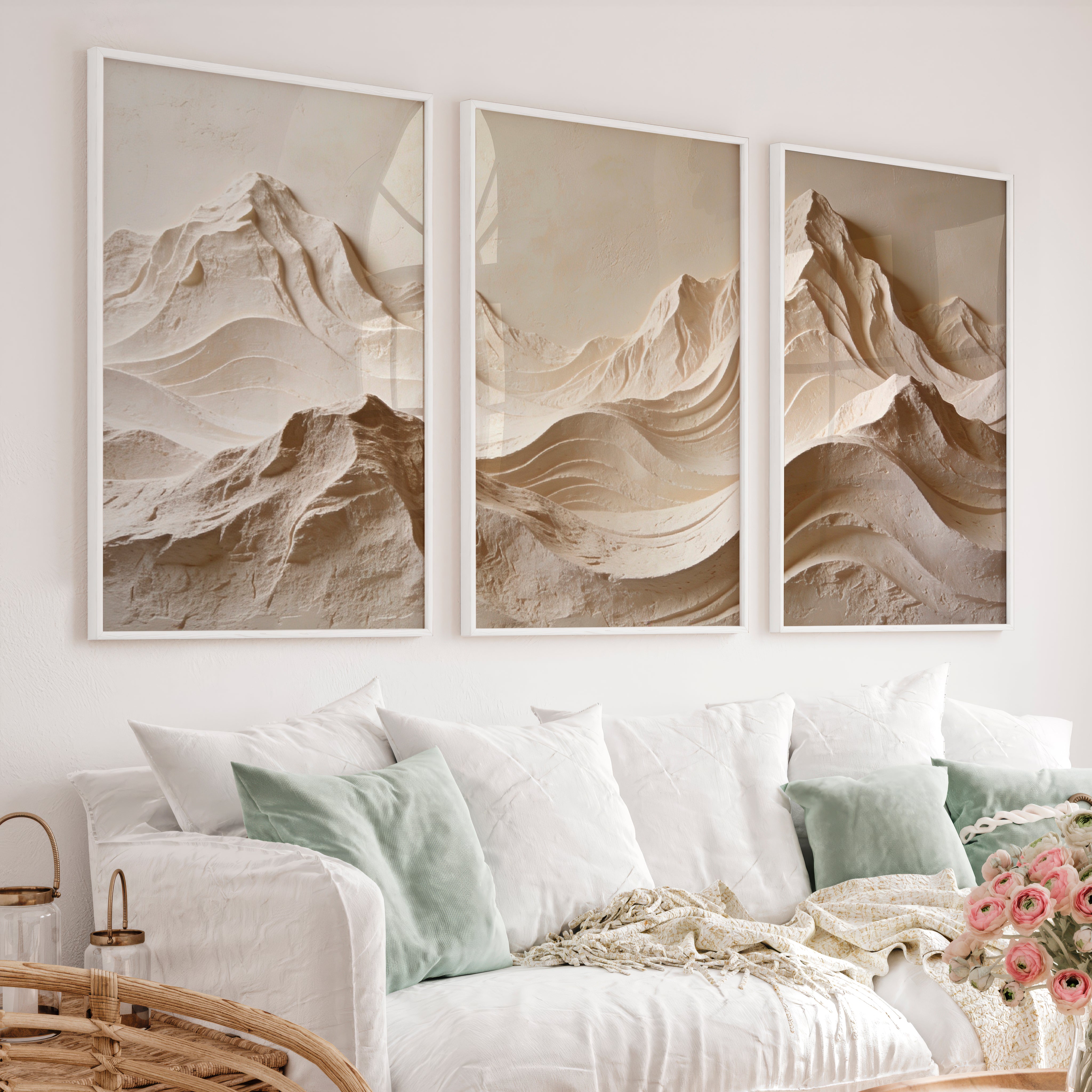 Mountain Relief modern japandi style in Warm Ivory - White Framed Poster No Border - Artworksets