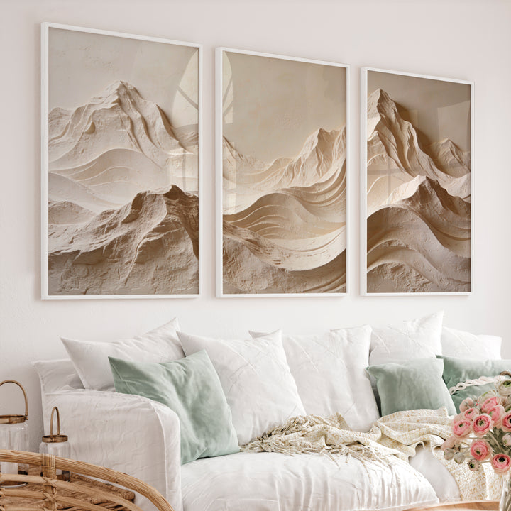 Mountain Relief modern japandi style in Warm Ivory - White Framed Poster No Border - Artworksets