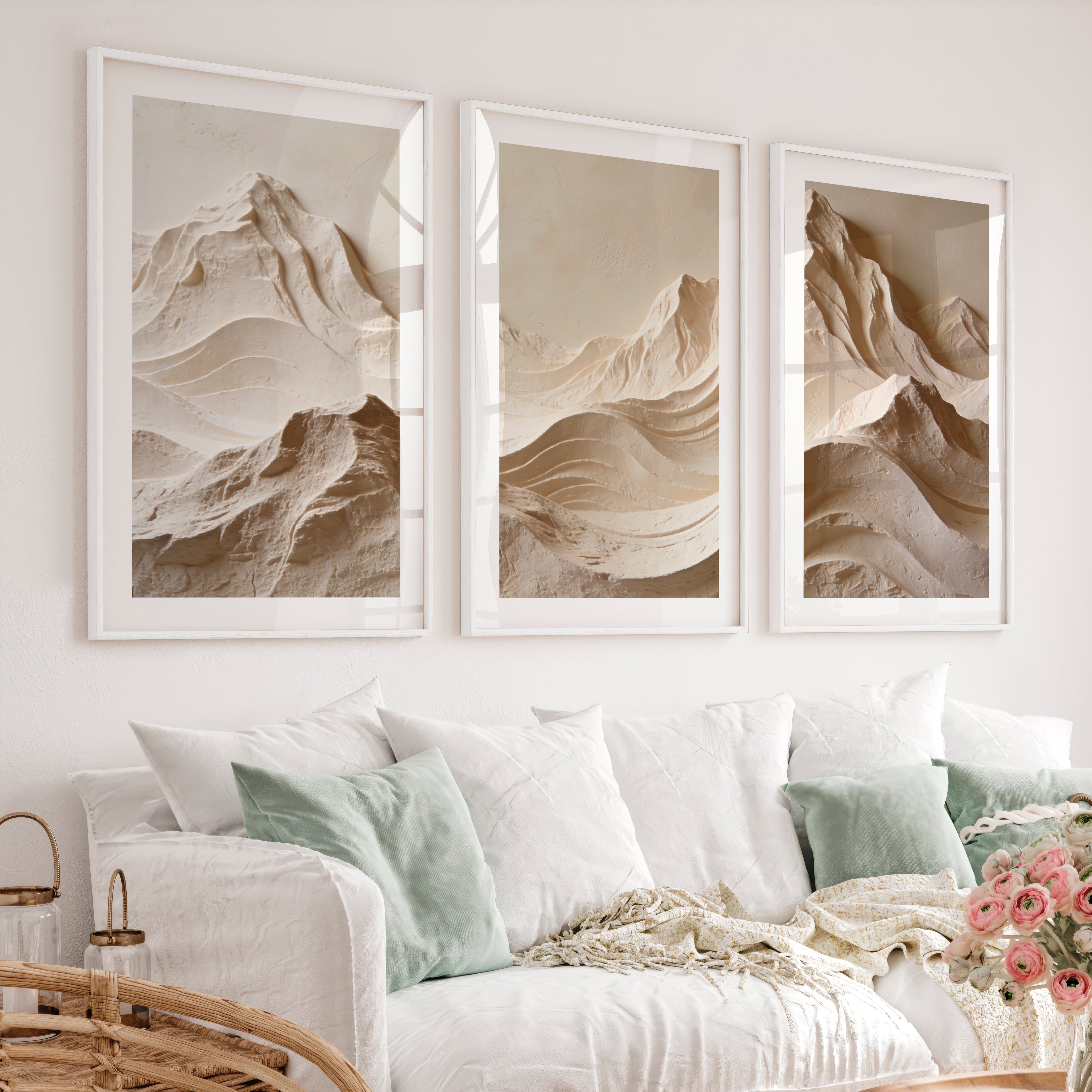 Mountain Relief modern japandi style in Warm Ivory - White Framed Poster with White Border - Artworksets