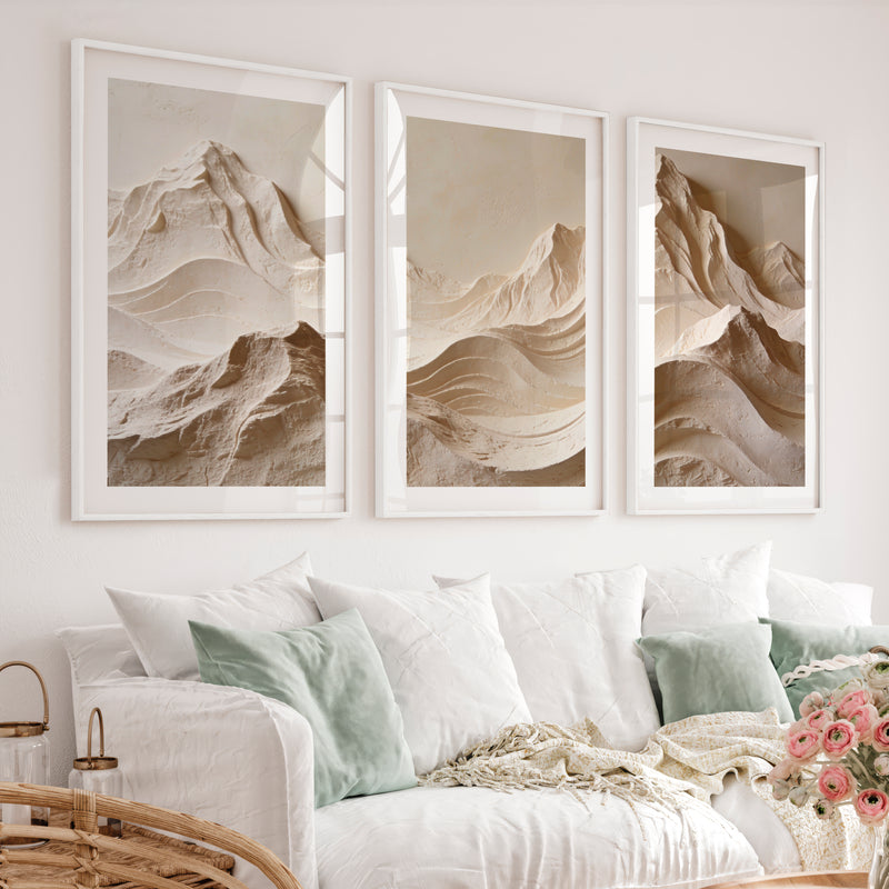 Mountain Relief modern japandi style in Warm Ivory - White Framed Poster with White Border - Artworksets