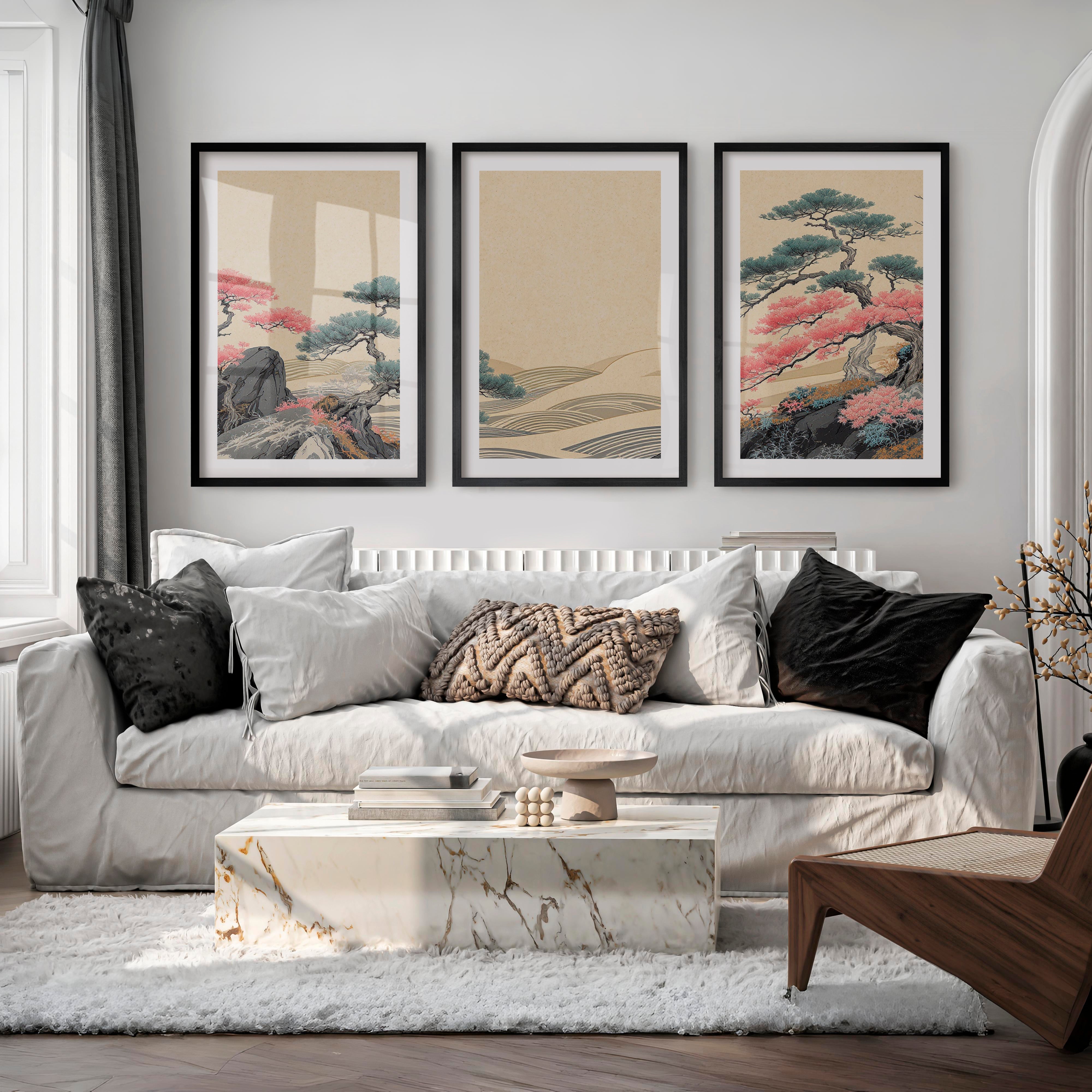 Pink Tree Grove in modern japandi style - Black Framed Poster with White Border - Artworksets