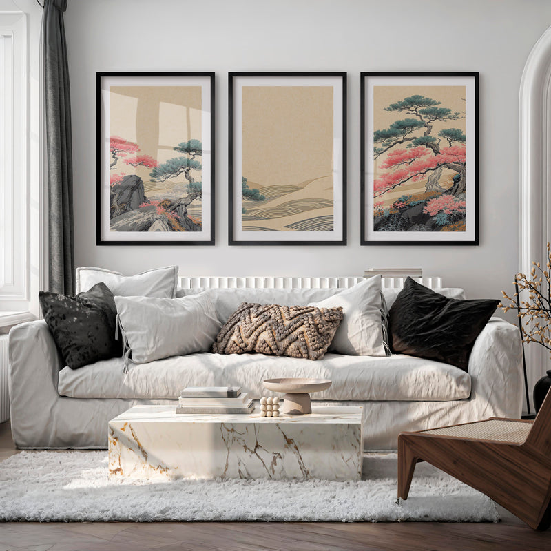 Pink Tree Grove in modern japandi style - Black Framed Poster with White Border - Artworksets