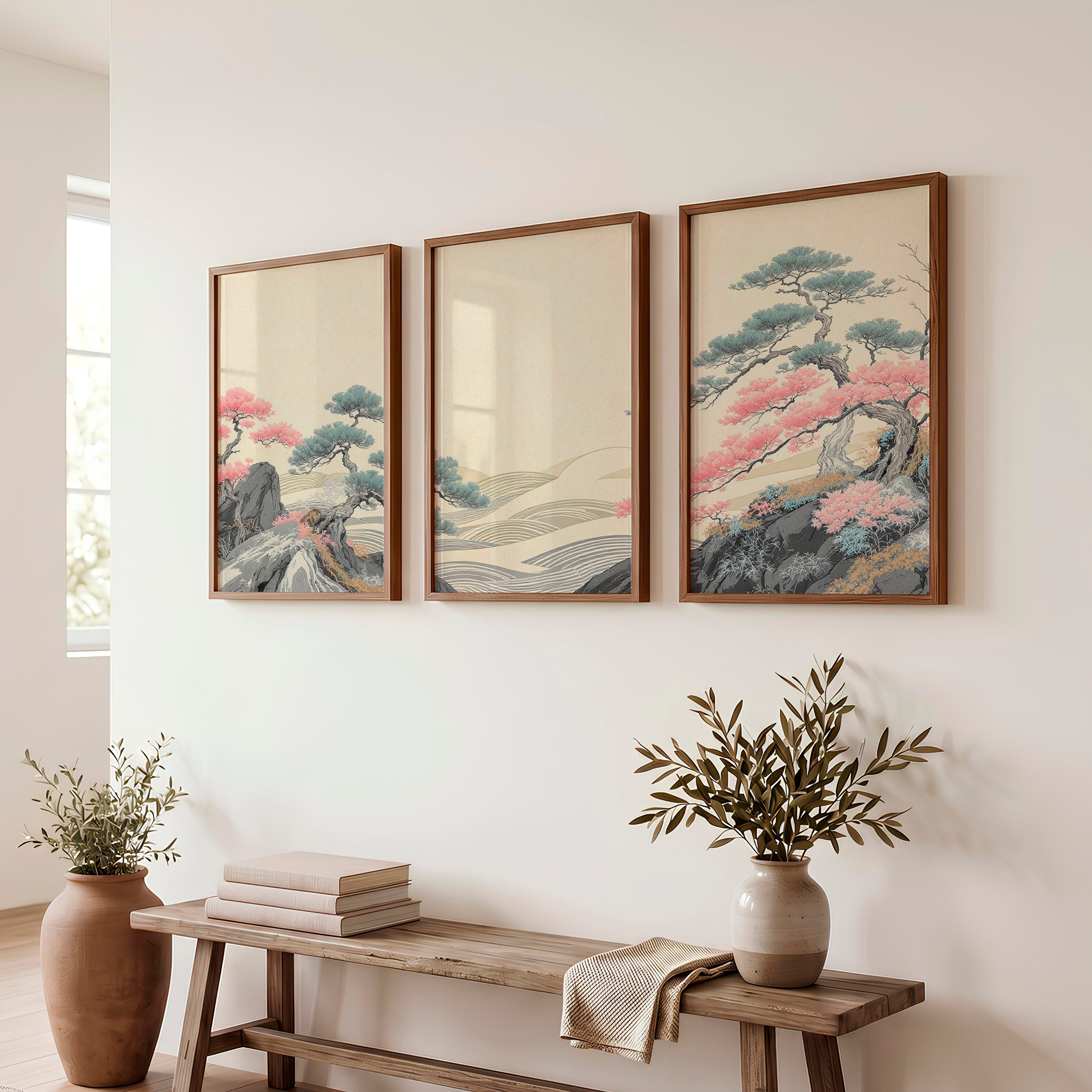 Pink Tree Grove in modern japandi style - Dark Brown Framed Poster No Border - Artworksets