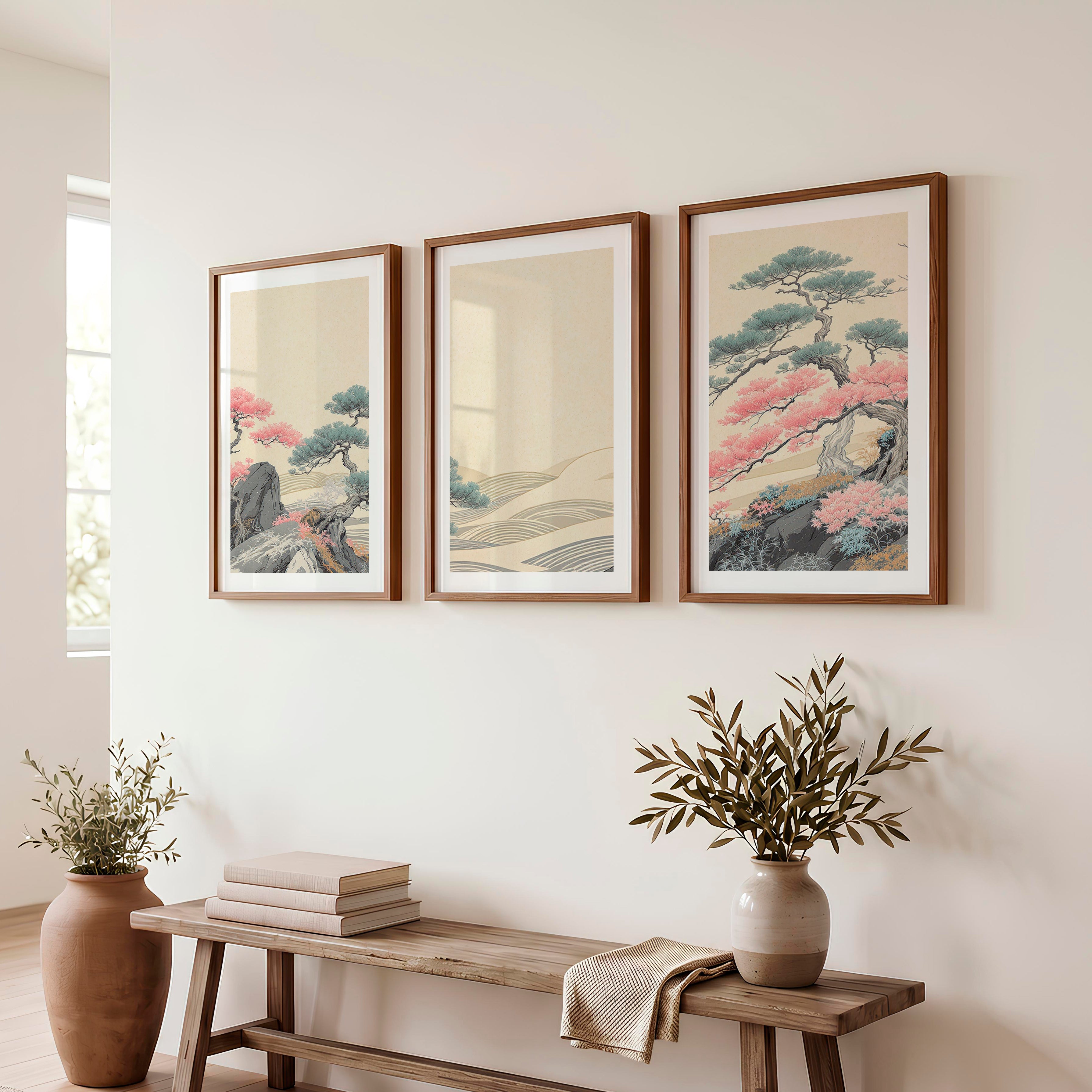 Pink Tree Grove in modern japandi style - Dark Brown Framed Poster with White Border - Artworksets