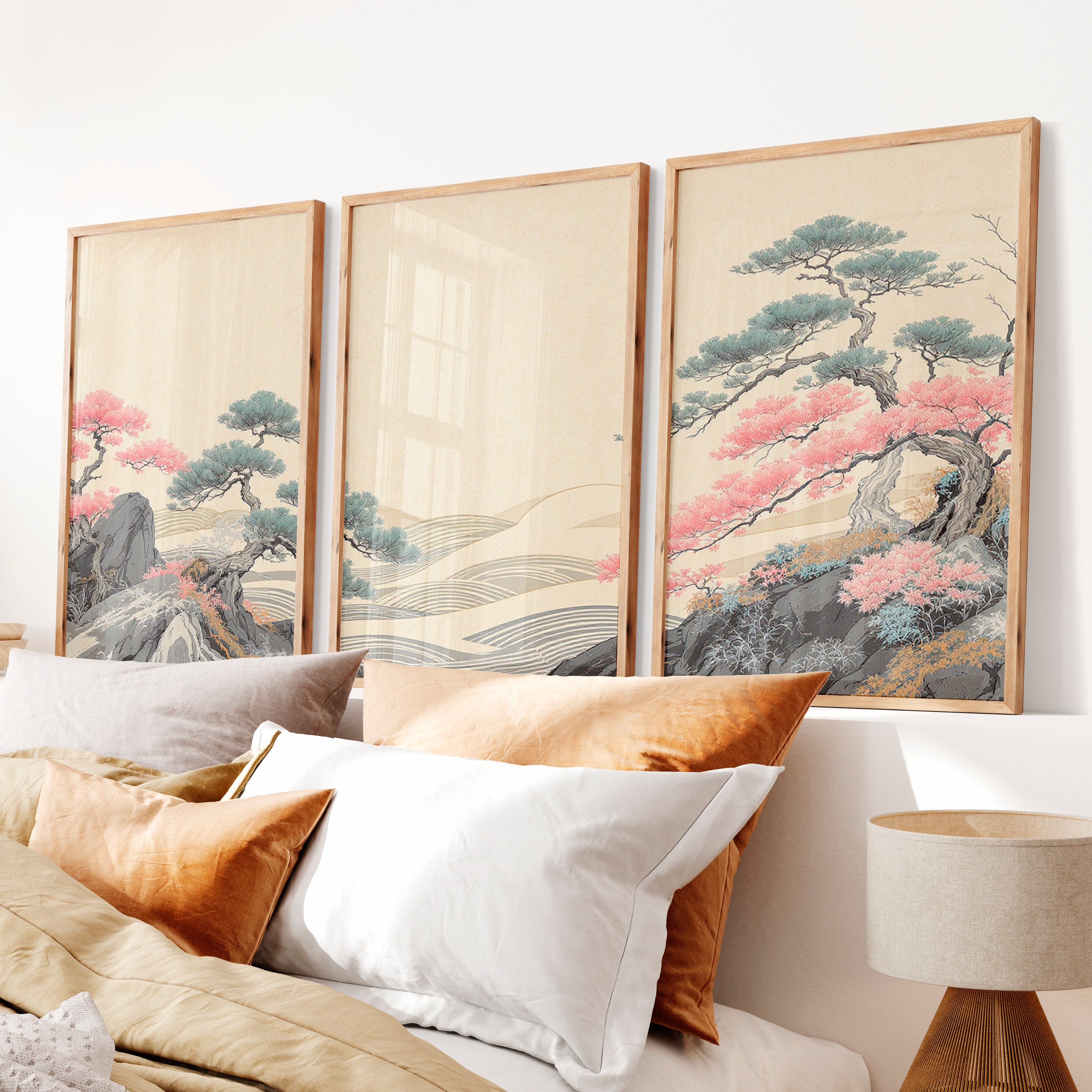 Pink Tree Grove in modern japandi style - Natural Wood Framed Poster No Border - Artworksets