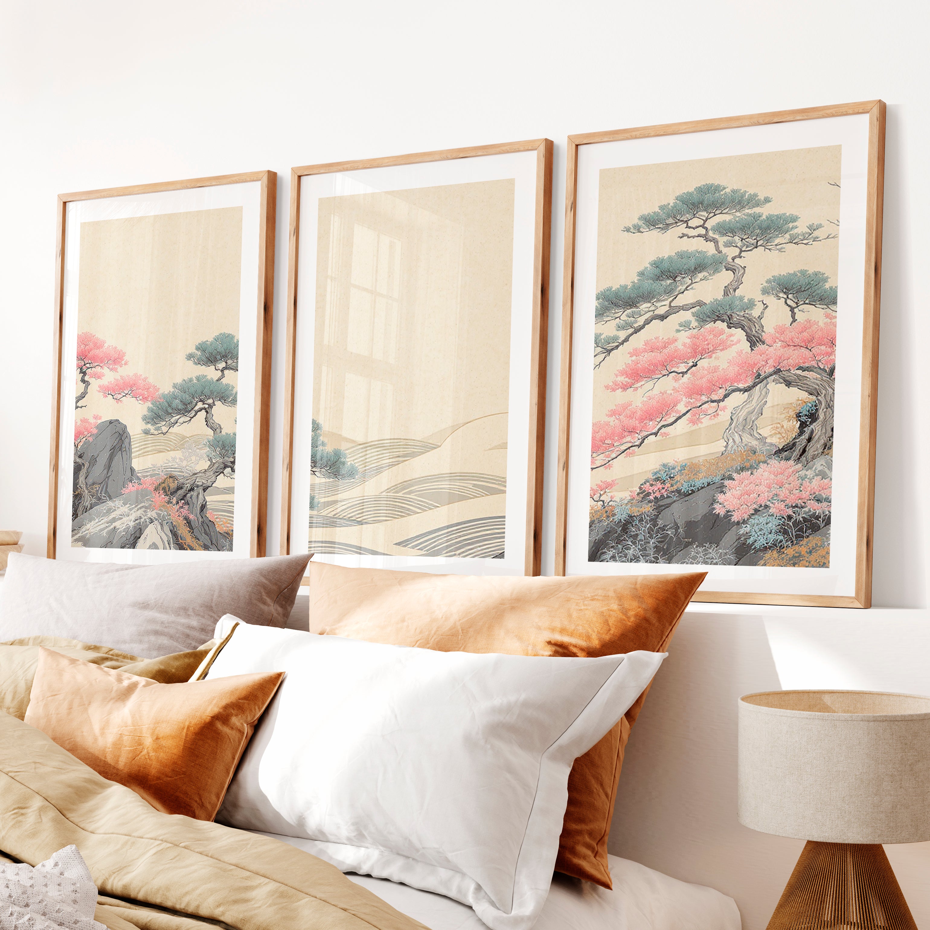 Pink Tree Grove in modern japandi style- Natural Wood Framed Poster with White Border - Artworksets
