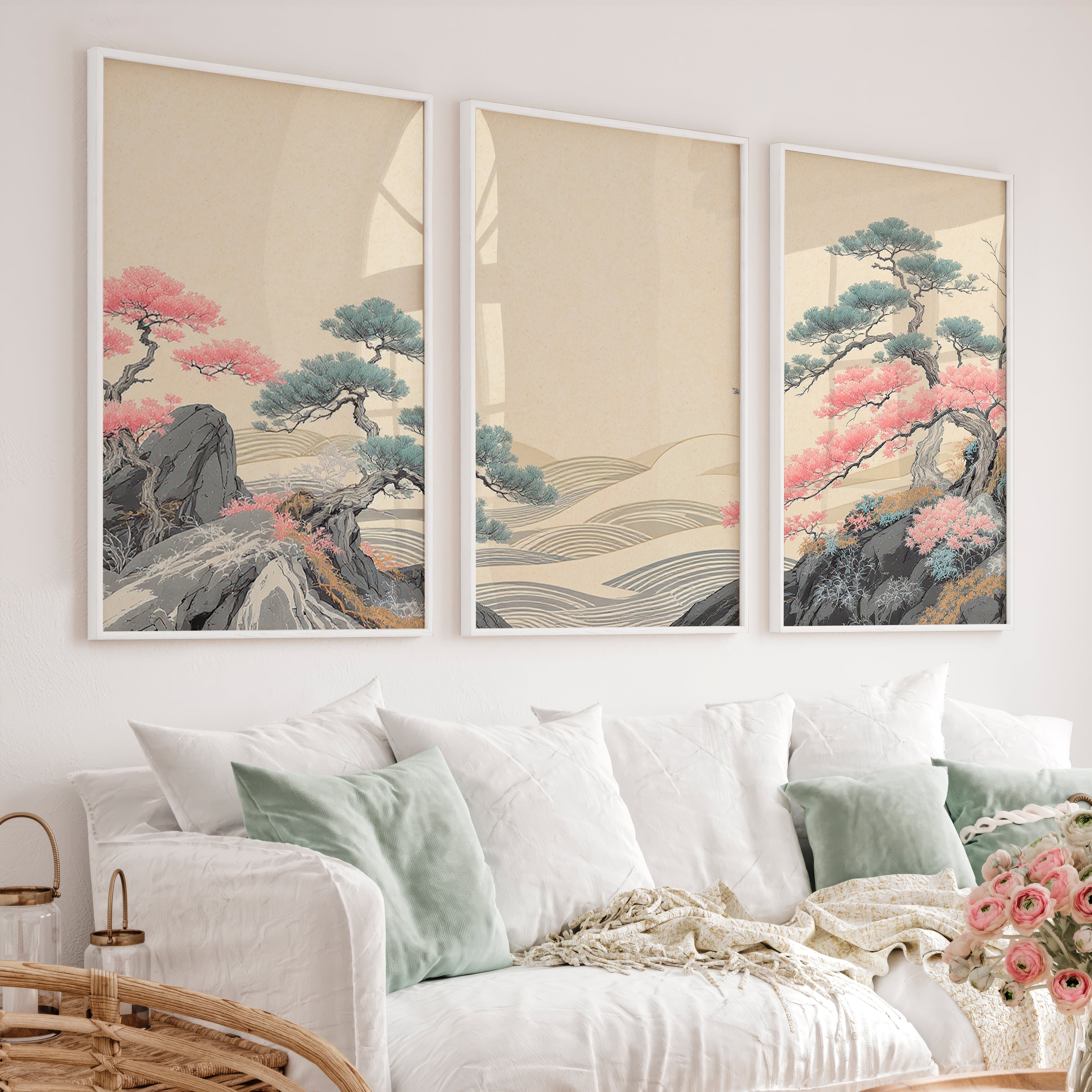 Pink Tree Grove in modern japandi style - White Framed Poster No Border - Artworksets