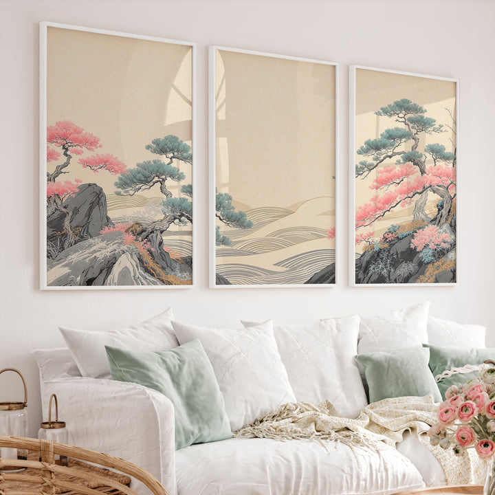 Pink Tree Grove in modern japandi style - White Framed Poster No Border - Artworksets
