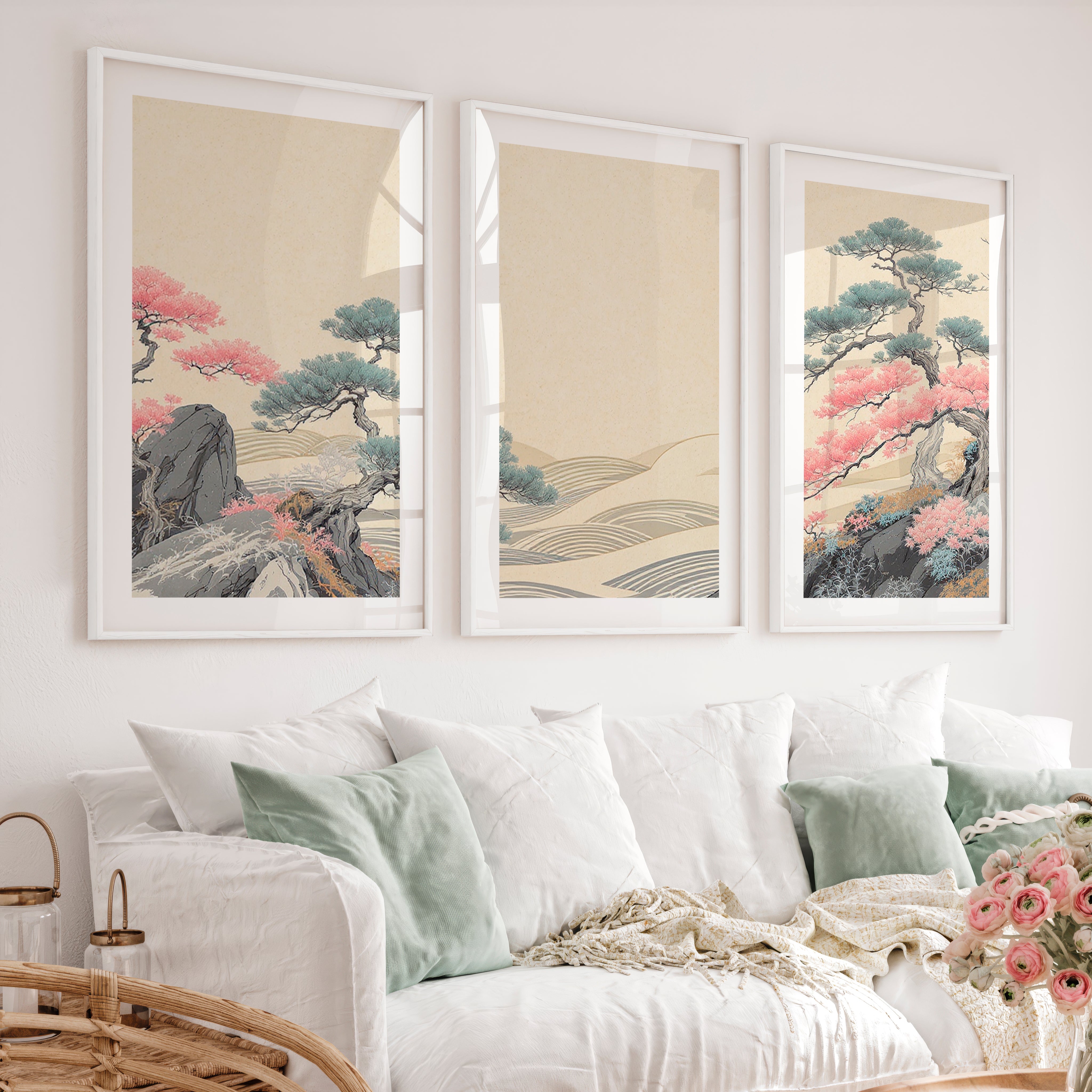 Pink Tree Grove in modern japandi style - White Framed Poster with White Border - Artworksets