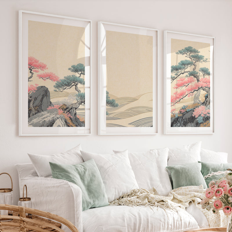 Pink Tree Grove in modern japandi style - White Framed Poster with White Border - Artworksets