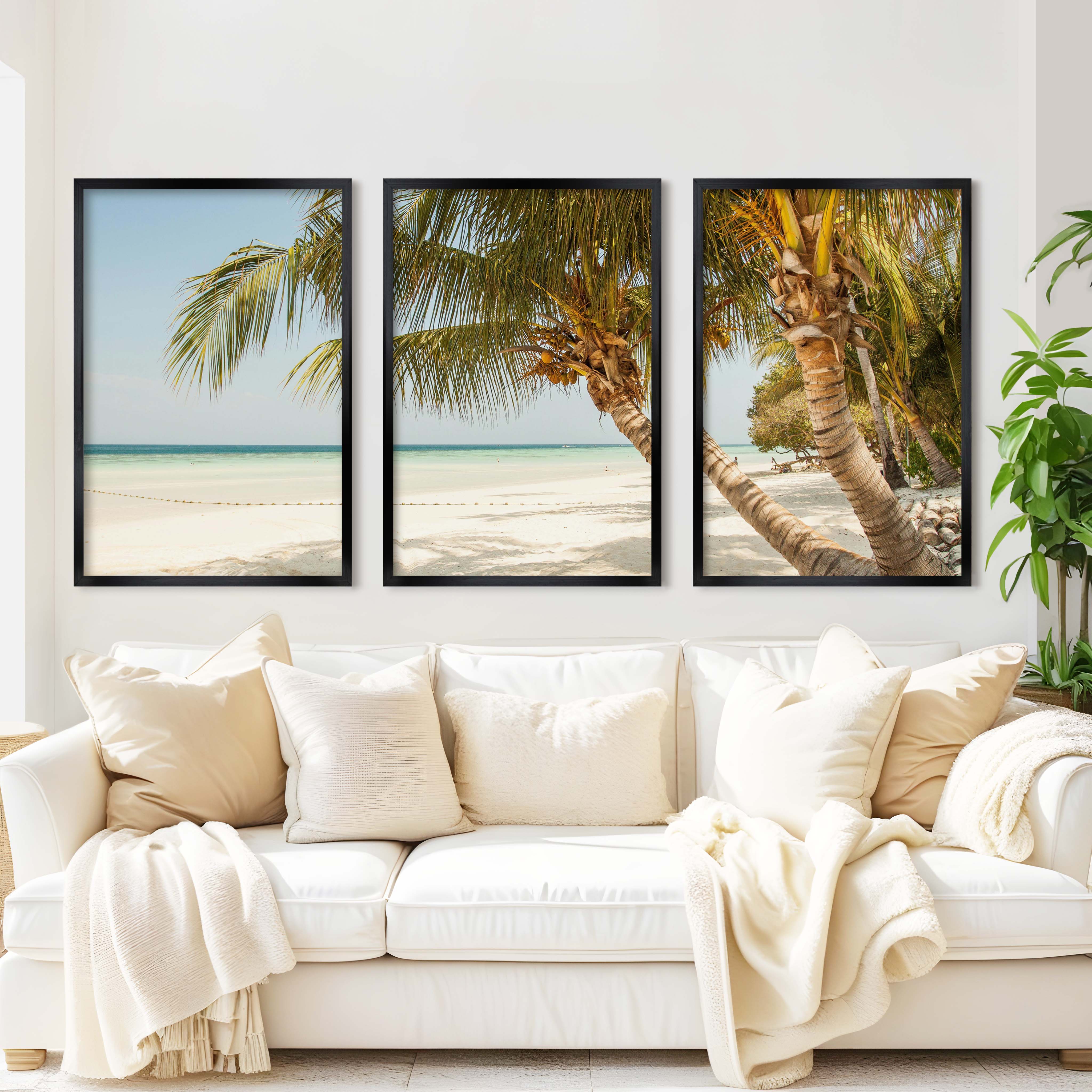 Modern Nautical Wall Art – Palm Trees by Clear Tropical Sea - Black Framed Poster No Border - Artworksets
