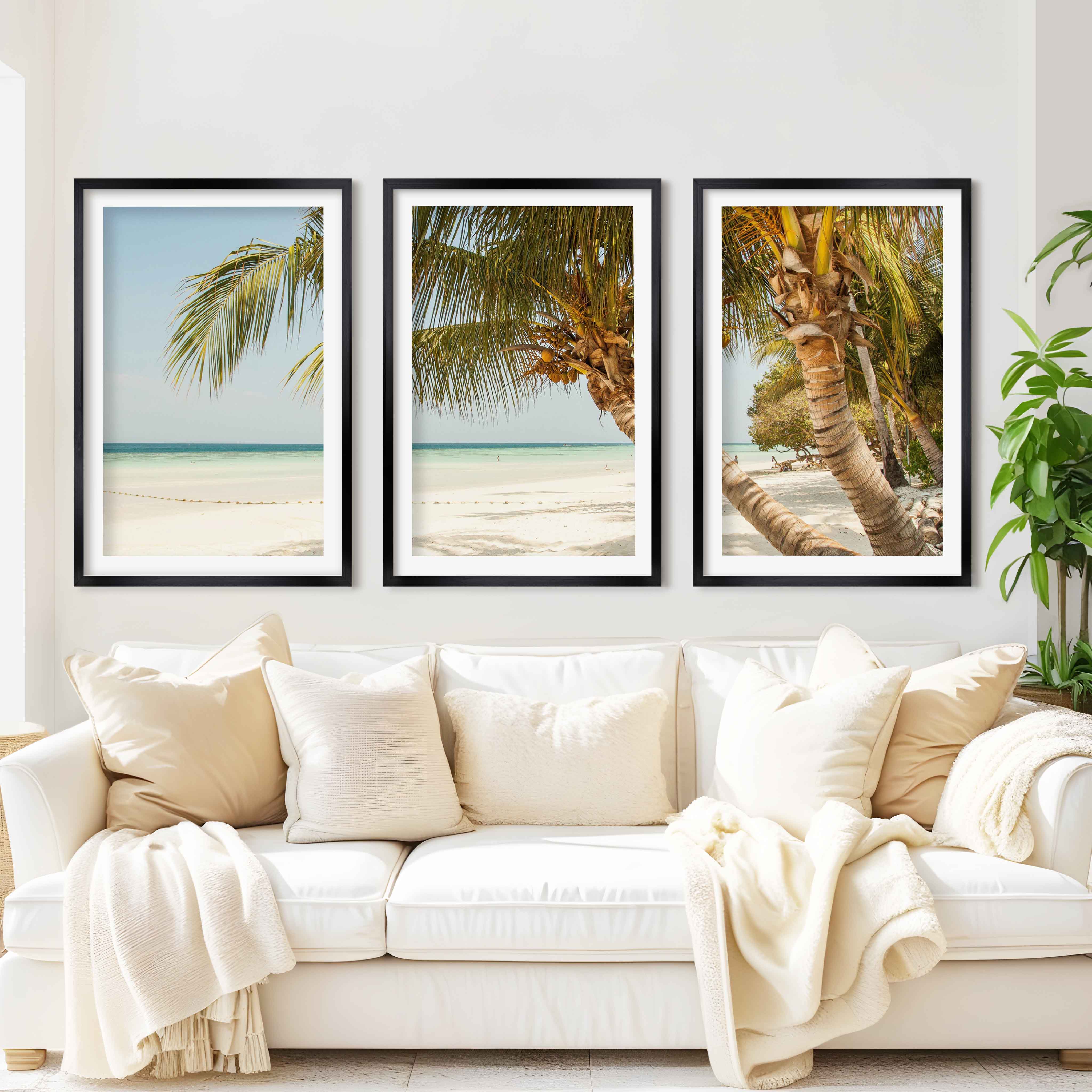 Modern Nautical Wall Art – Palm Trees by Clear Tropical Sea - Black Framed Poster with White Border - Artworksets