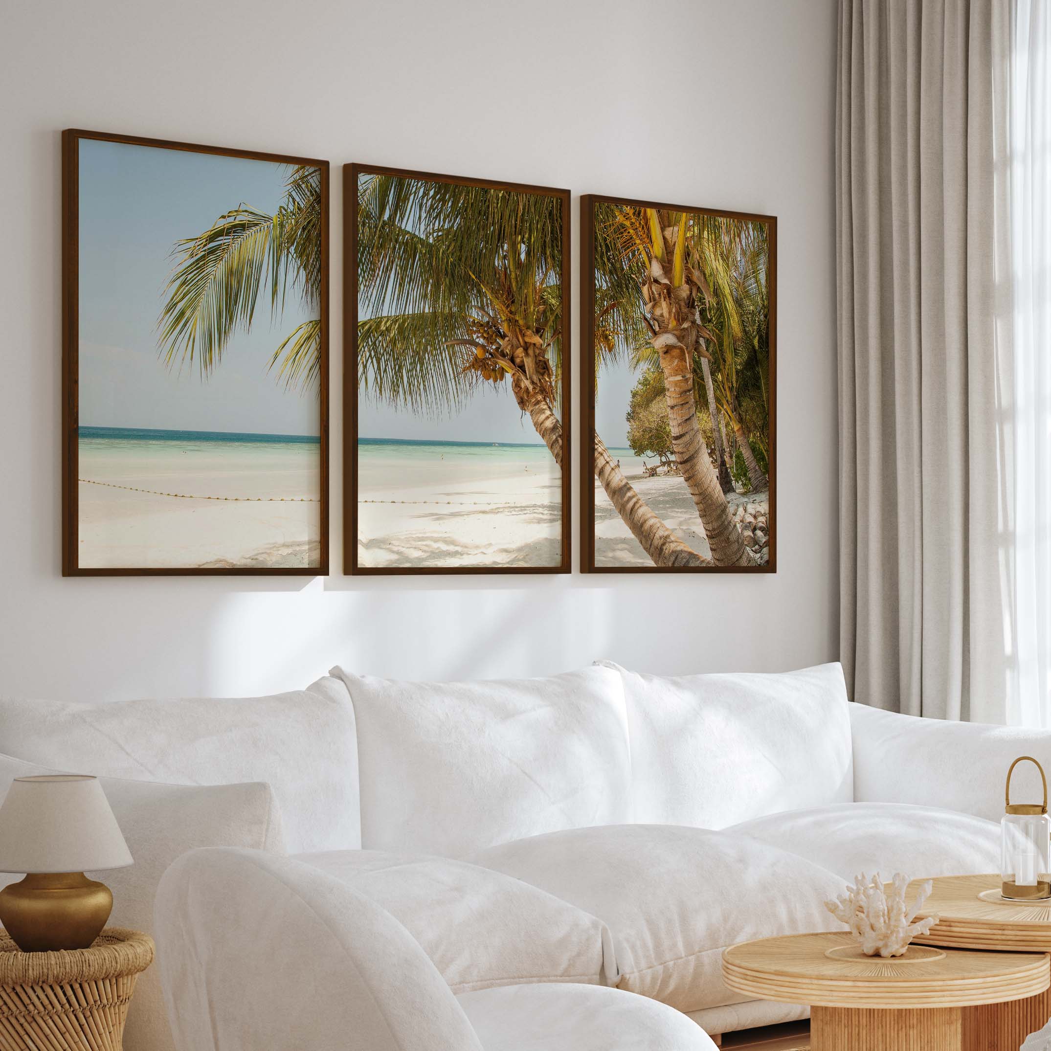 Modern Nautical Wall Art – Palm Trees by Clear Tropical Sea - Dark Brown Framed Poster No Border - Artworksets