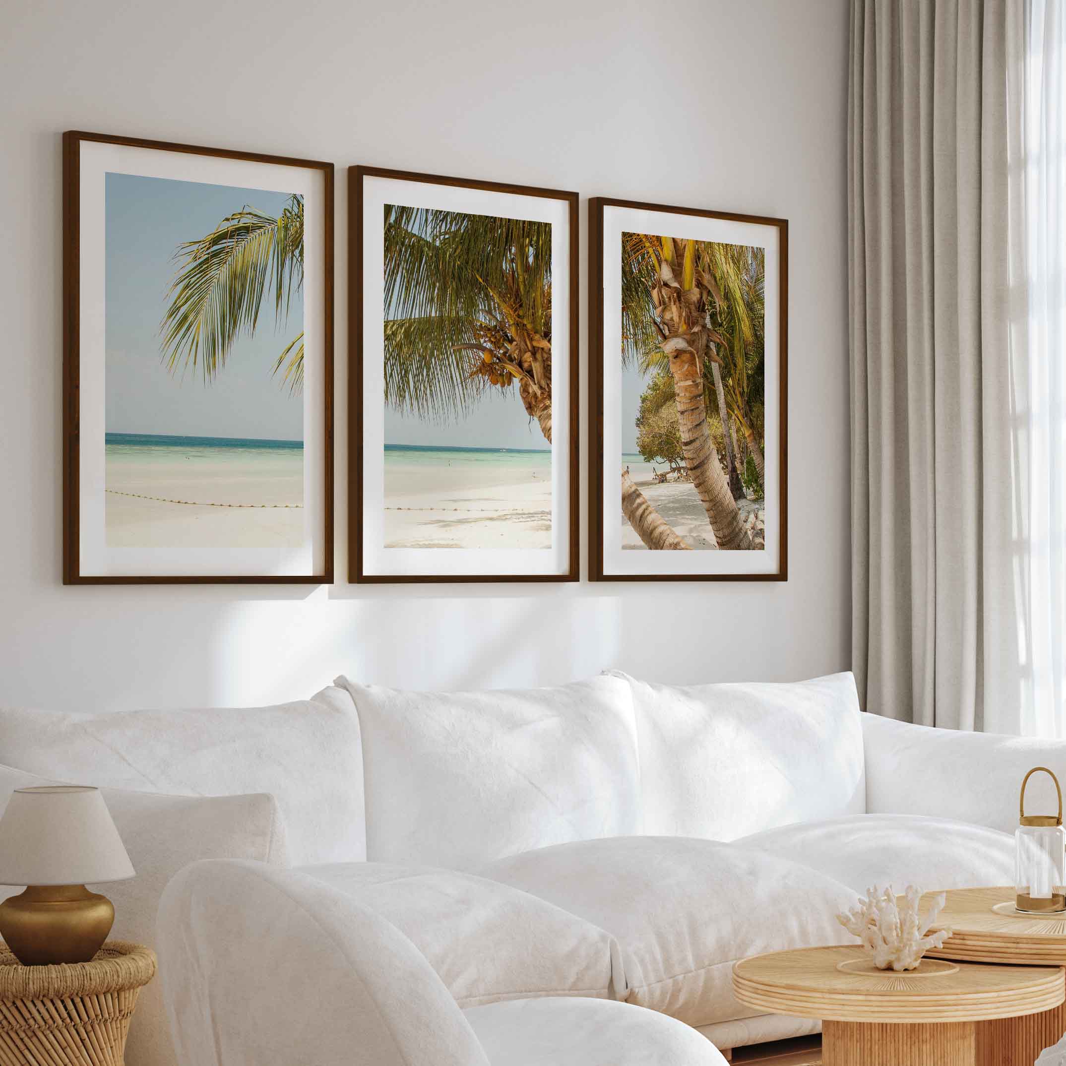 Modern Nautical Wall Art – Palm Trees by Clear Tropical Sea - Dark Brown Framed Poster with White Border - Artworksets