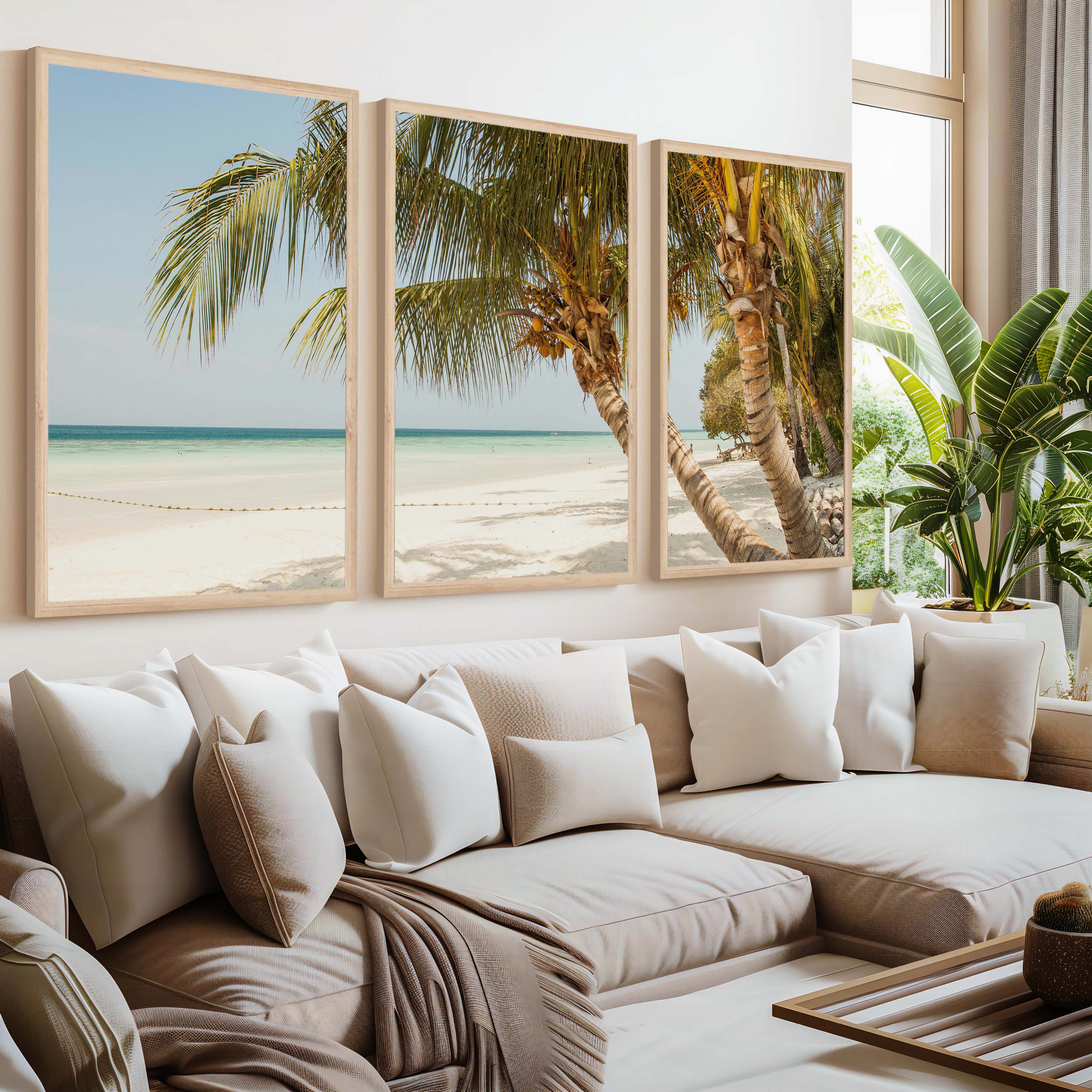 Modern Nautical Wall Art – Palm Trees by Clear Tropical Sea - Natural Wood Framed Poster No Border - Artworksets