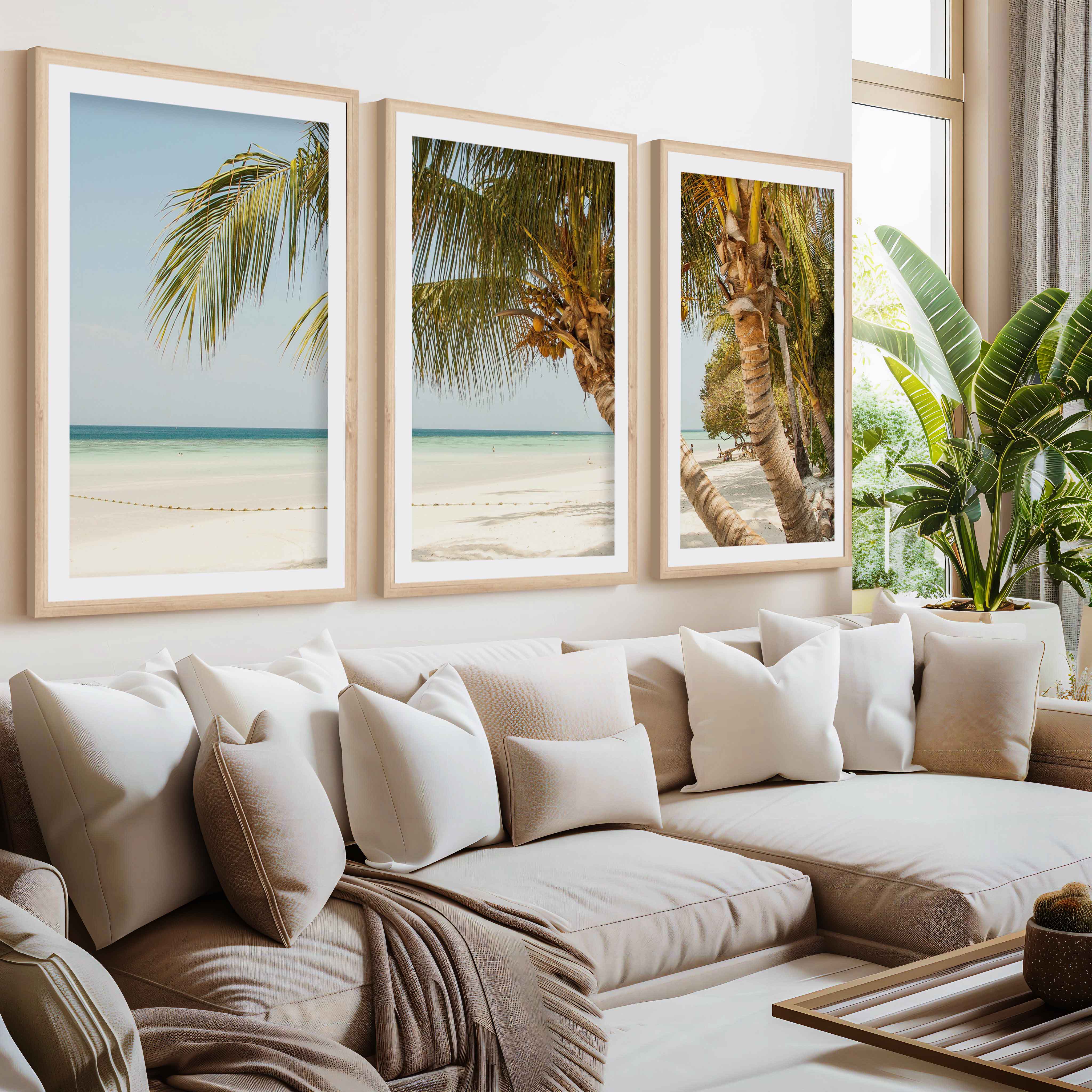 Modern Nautical Wall Art – Palm Trees by Clear Tropical Sea- Natural Wood Framed Poster with White Border - Artworksets