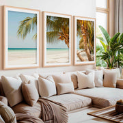 Modern Nautical Wall Art – Palm Trees by Clear Tropical Sea- Natural Wood Framed Poster with White Border - Artworksets