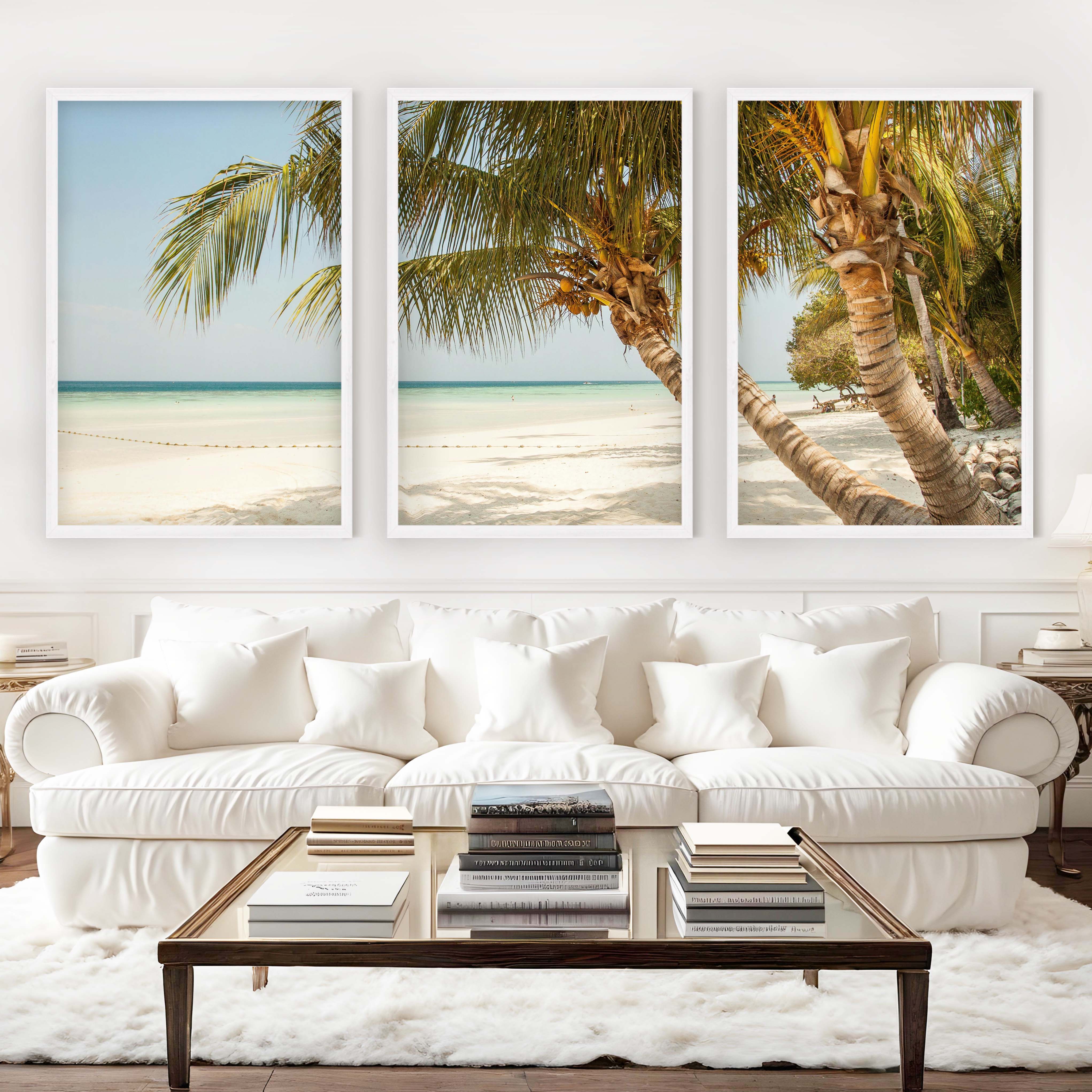 Modern Nautical Wall Art – Palm Trees by Clear Tropical Sea - White Framed Poster No Border - Artworksets