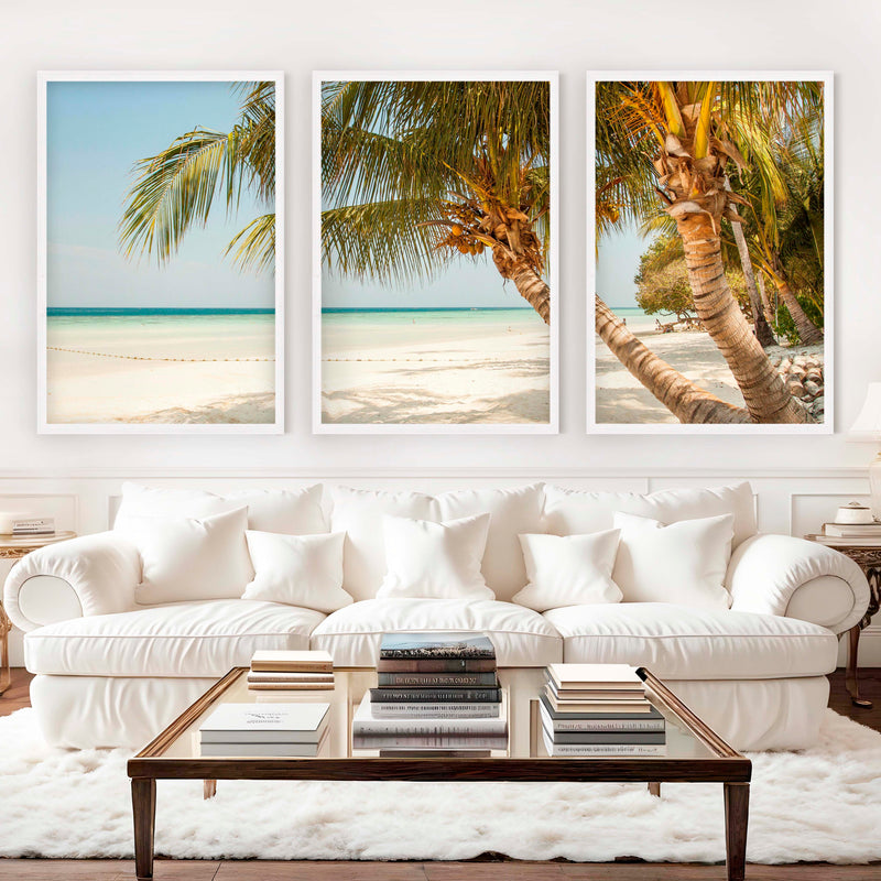 Modern Nautical Wall Art – Palm Trees by Clear Tropical Sea - White Framed Poster No Border - Artworksets