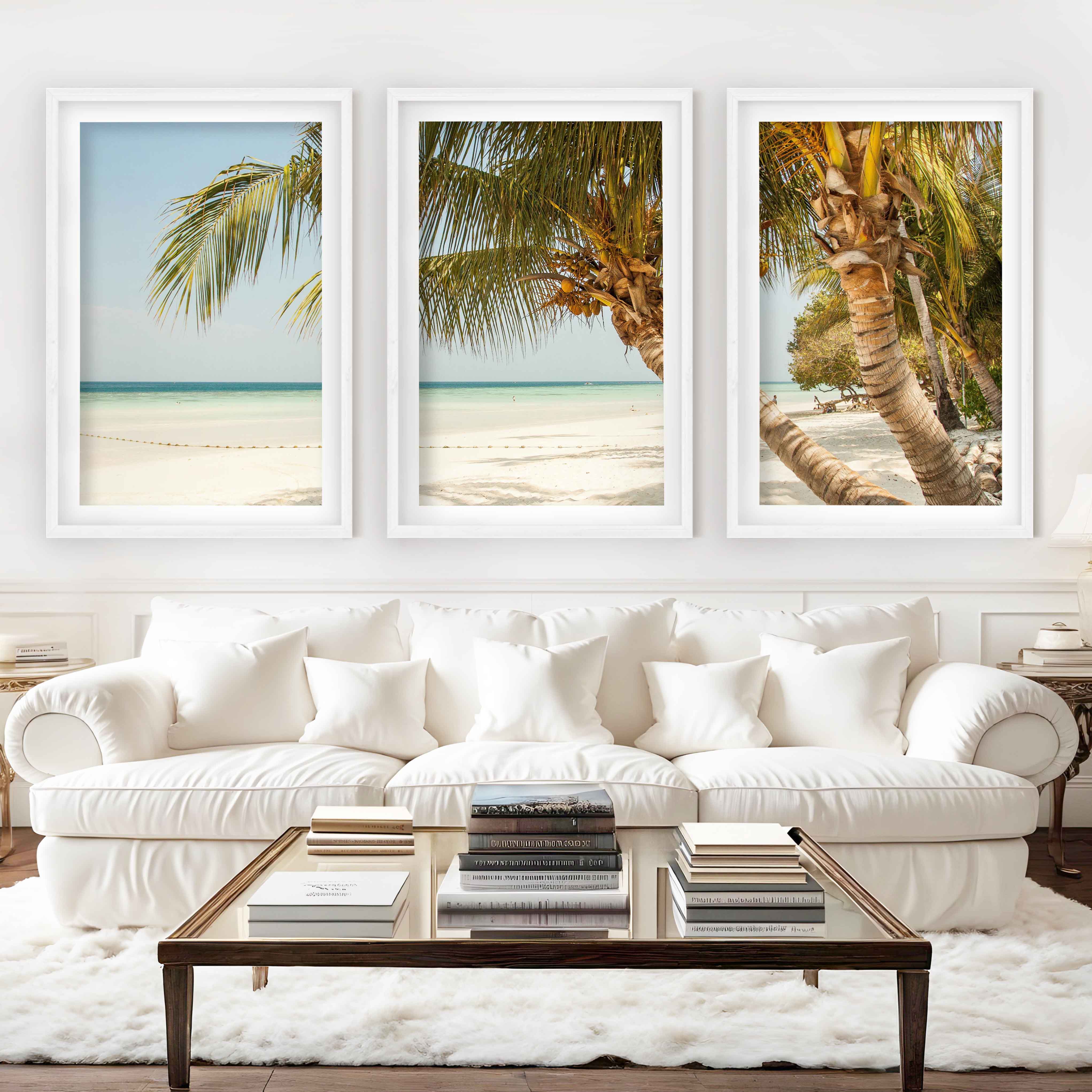 Modern Nautical Wall Art – Palm Trees by Clear Tropical Sea - White Framed Poster with White Border - Artworksets