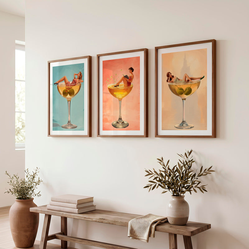Cocktail Lounge modern retro wall art - Dark Brown Framed Poster with White Border - Artworksets