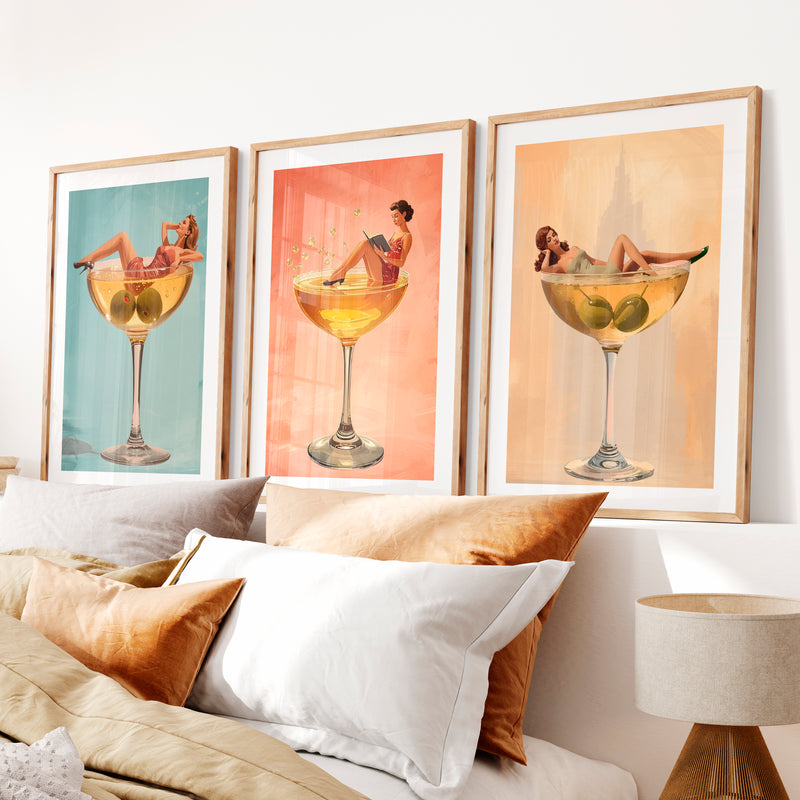 Cocktail Lounge modern retro wall art- Natural Wood Framed Poster with White Border - Artworksets