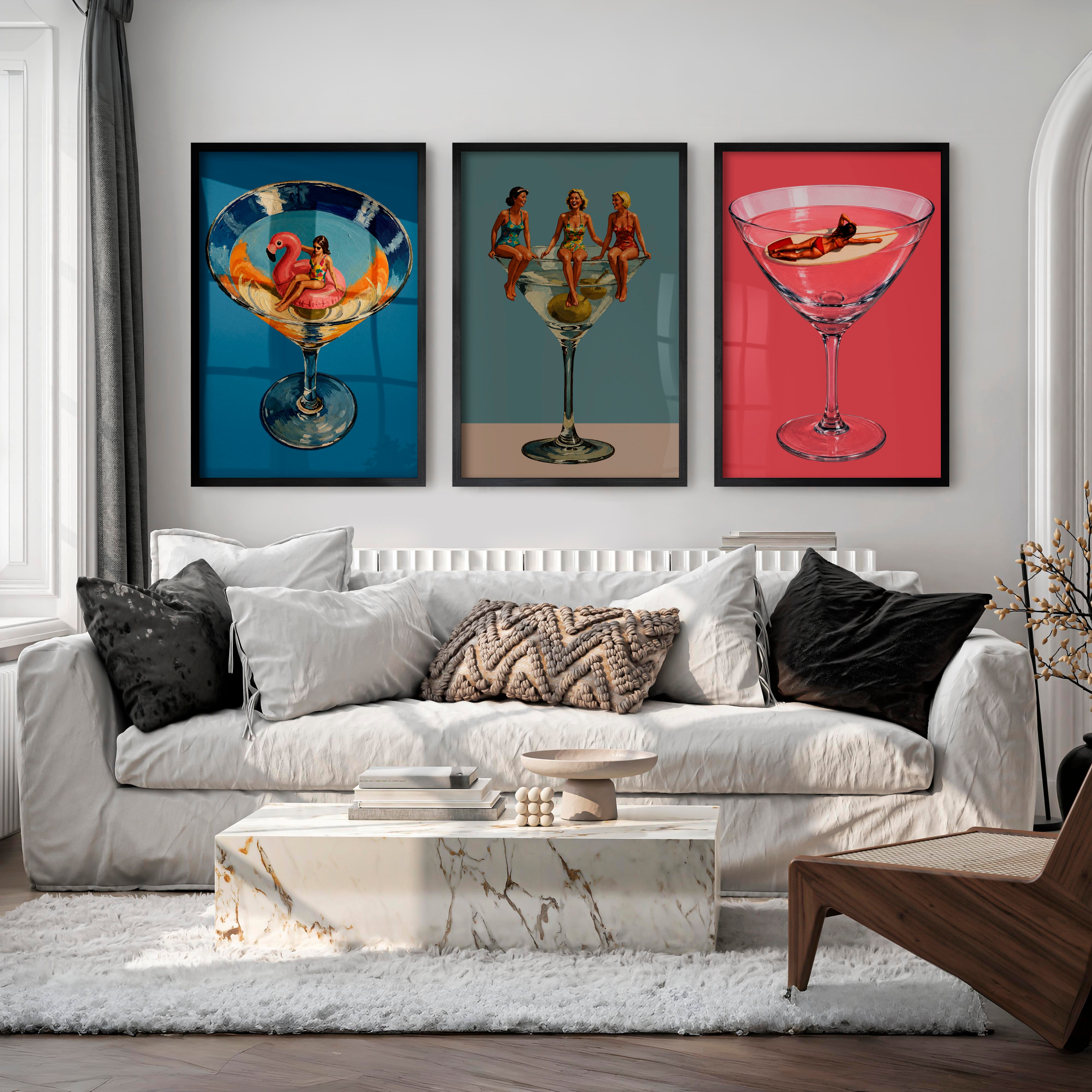 Modern Retro Wall Art with Cocktail Glass Figures - Black Framed Poster No Border - Artworksets