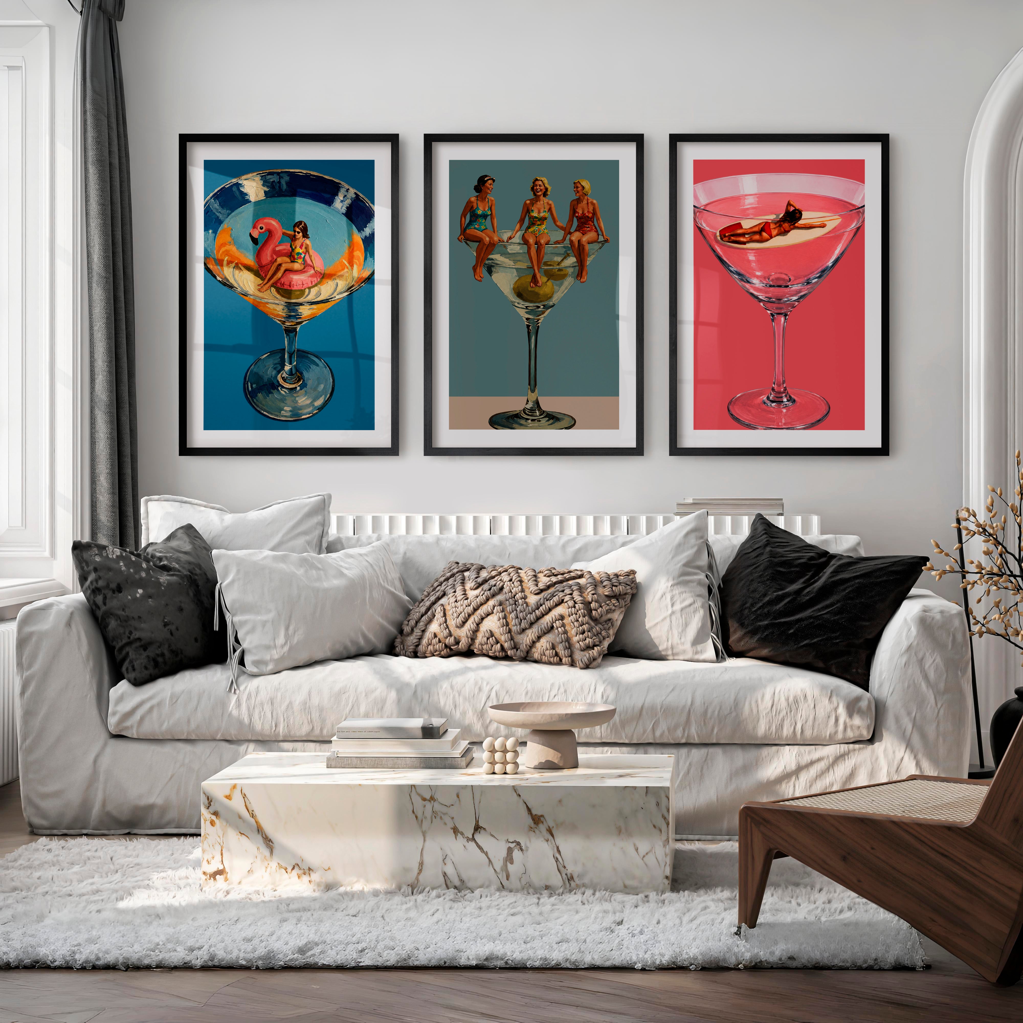 Modern Retro Wall Art with Cocktail Glass Figures - Black Framed Poster with White Border - Artworksets
