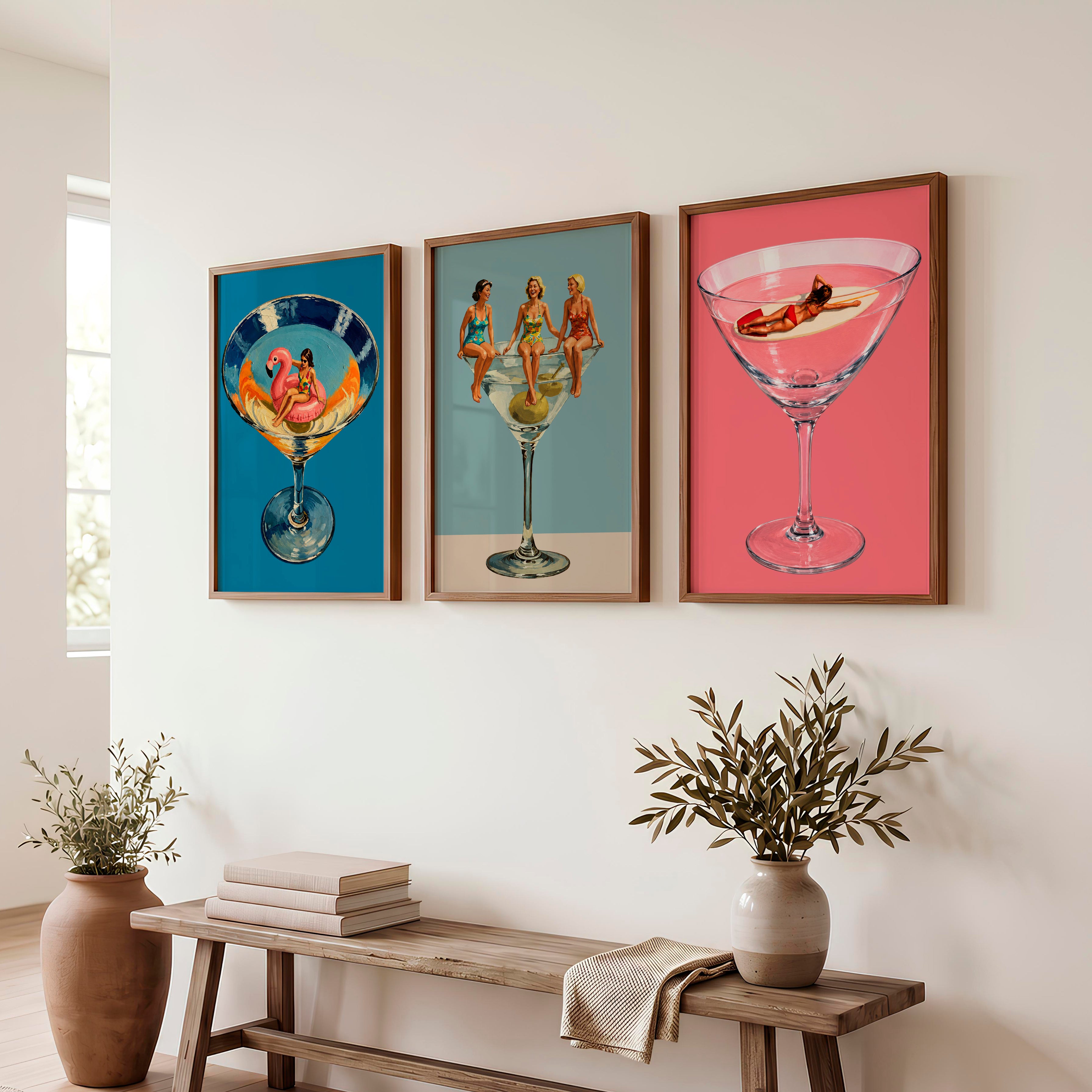 Modern Retro Wall Art with Cocktail Glass Figures - Dark Brown Framed Poster No Border - Artworksets