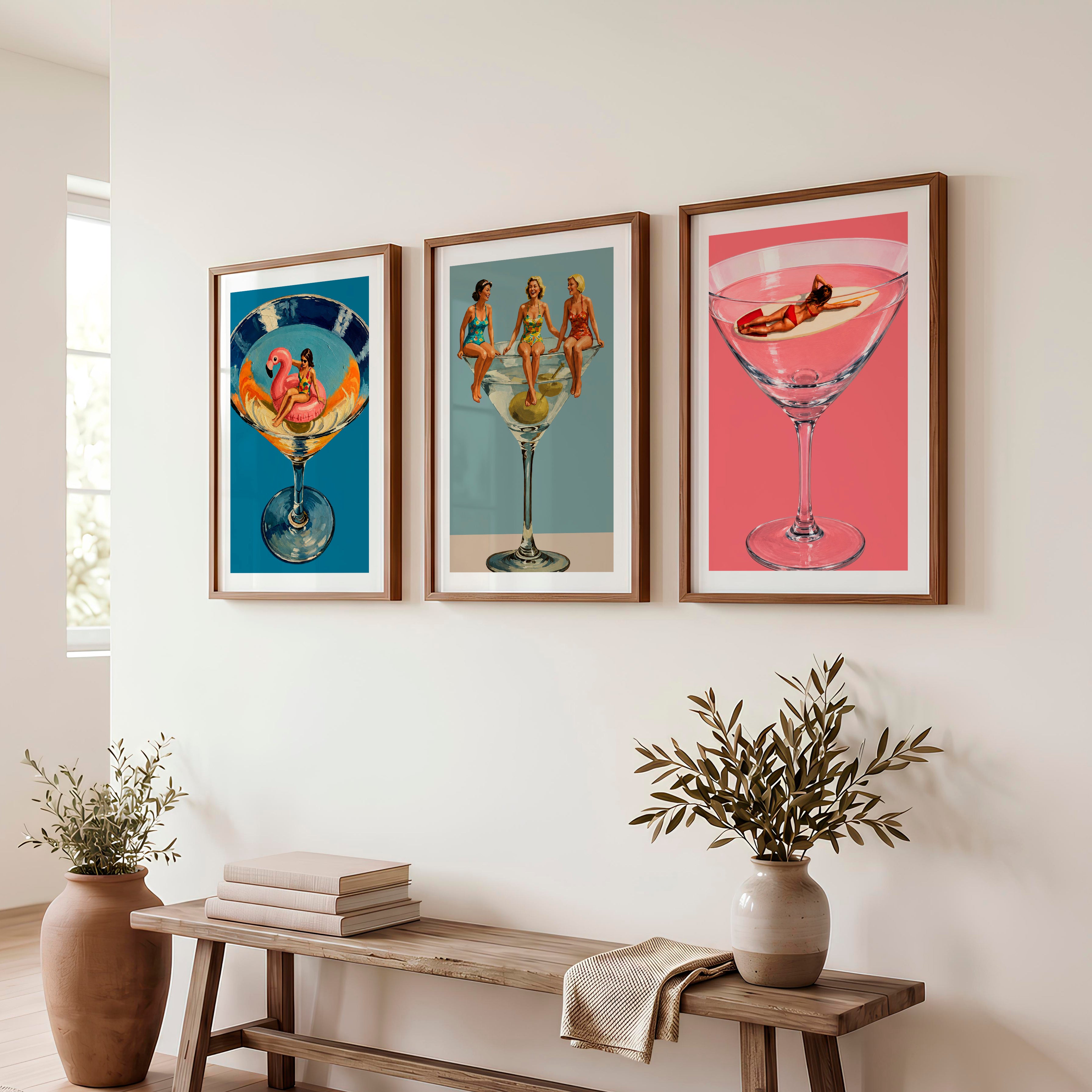 Modern Retro Wall Art with Cocktail Glass Figures - Dark Brown Framed Poster with White Border - Artworksets