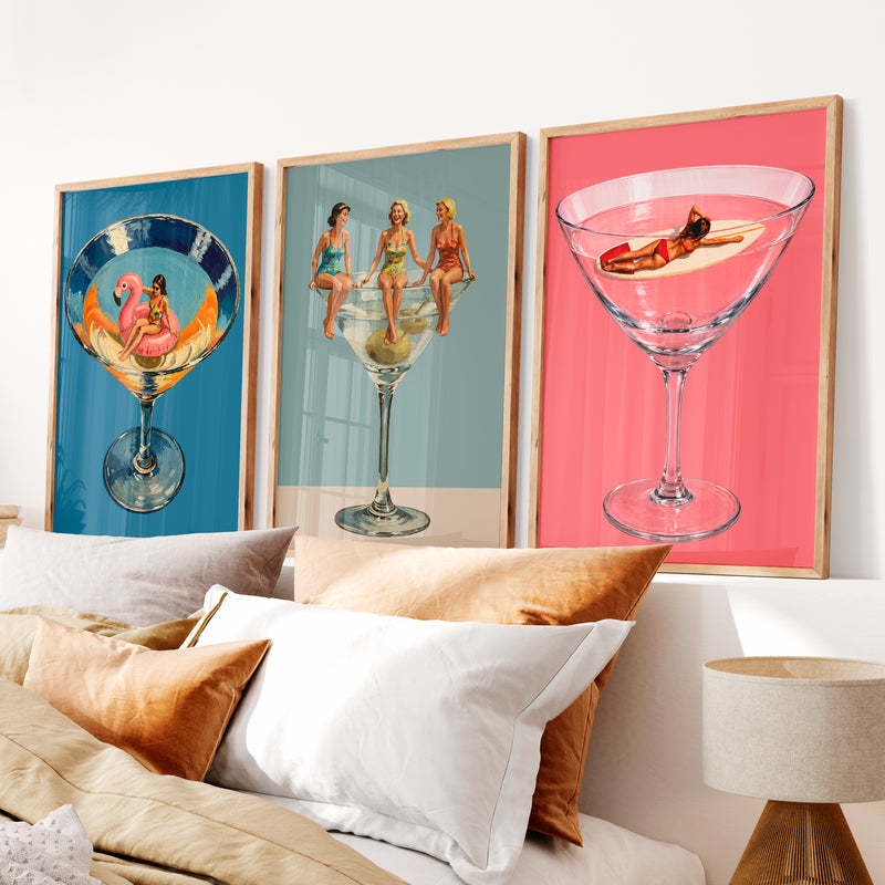 Modern Retro Wall Art with Cocktail Glass Figures - Natural Wood Framed Poster No Border - Artworksets