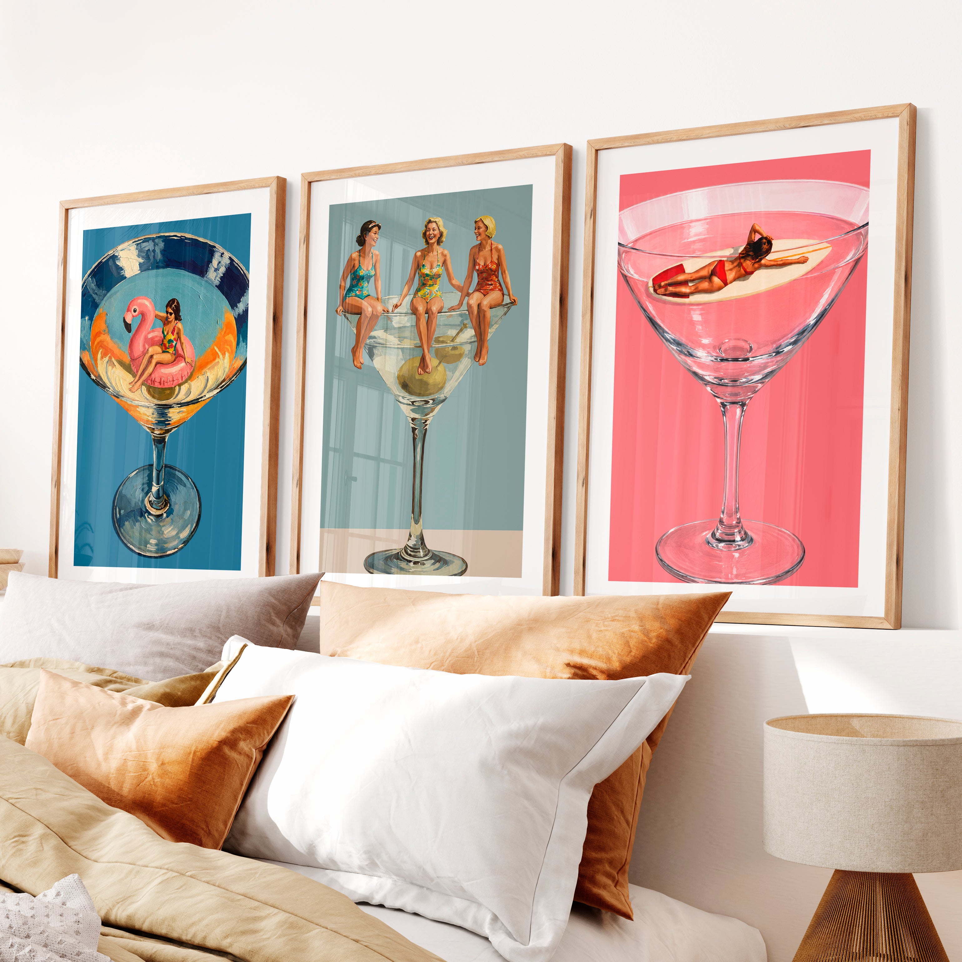Modern Retro Wall Art with Cocktail Glass Figures- Natural Wood Framed Poster with White Border - Artworksets