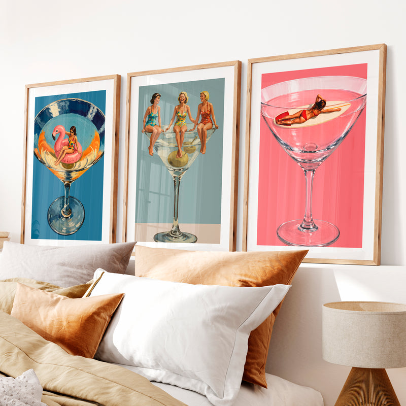 Modern Retro Wall Art with Cocktail Glass Figures- Natural Wood Framed Poster with White Border - Artworksets
