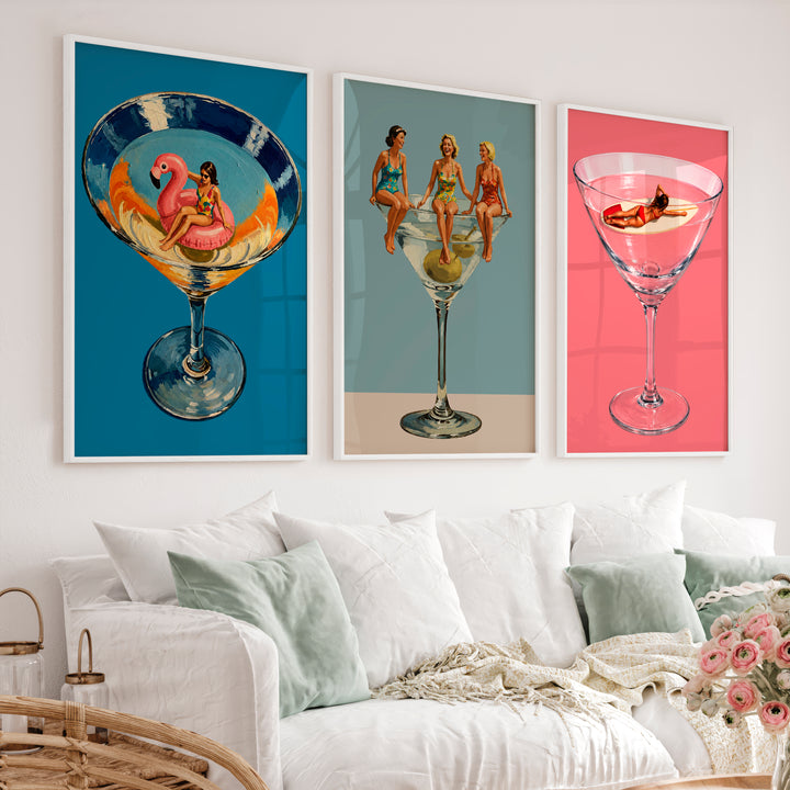 Modern Retro Wall Art with Cocktail Glass Figures - White Framed Poster No Border - Artworksets