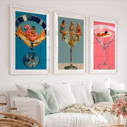 Modern Retro Wall Art with Cocktail Glass Figures - White Framed Poster with White Border - Artworksets