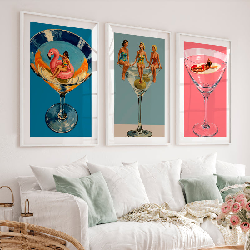 Modern Retro Wall Art with Cocktail Glass Figures - White Framed Poster with White Border - Artworksets