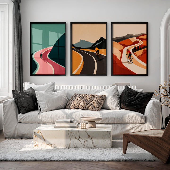 Cyclist Journey Modern Retro Wall Art Set - Black Framed Poster No Border - Artworksets