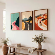 Cyclist Journey Modern Retro Wall Art Set - Dark Brown Framed Poster No Border - Artworksets