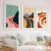 Cyclist Journey Modern Retro Wall Art Set - White Framed Poster with White Border - Artworksets