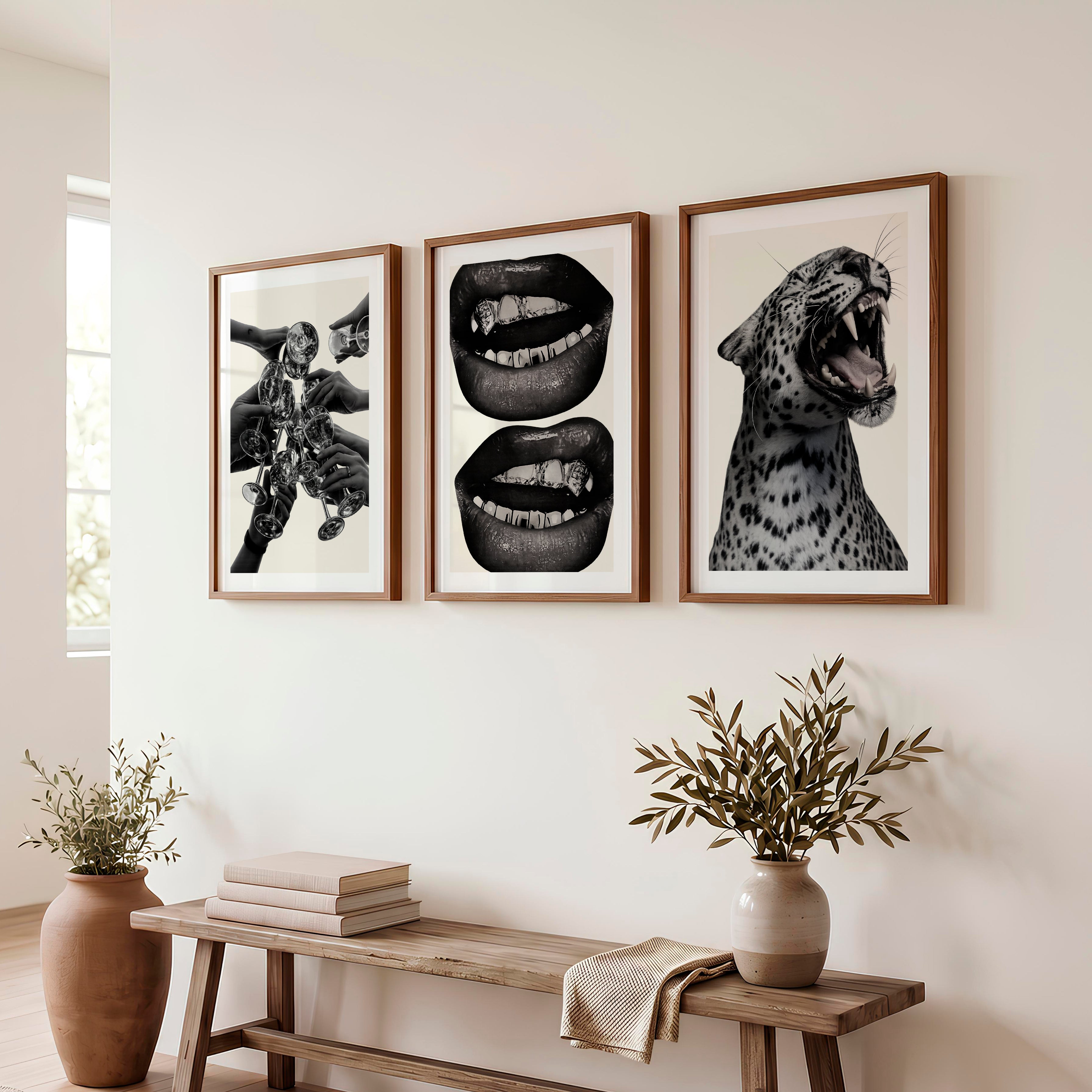Leopard Lips Modern Retro Wall Decor - Dark Brown Framed Poster with White Border - Artworksets