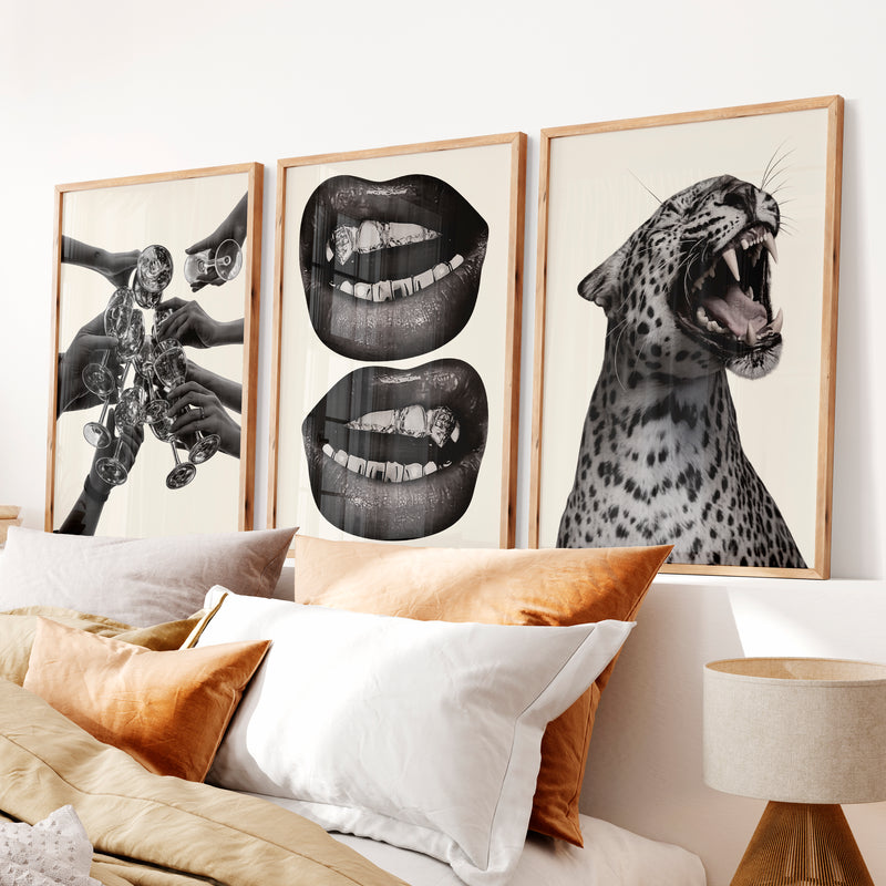 Leopard Lips Modern Retro Wall Decor - Natural Wood Framed Poster No Border - Artworksets