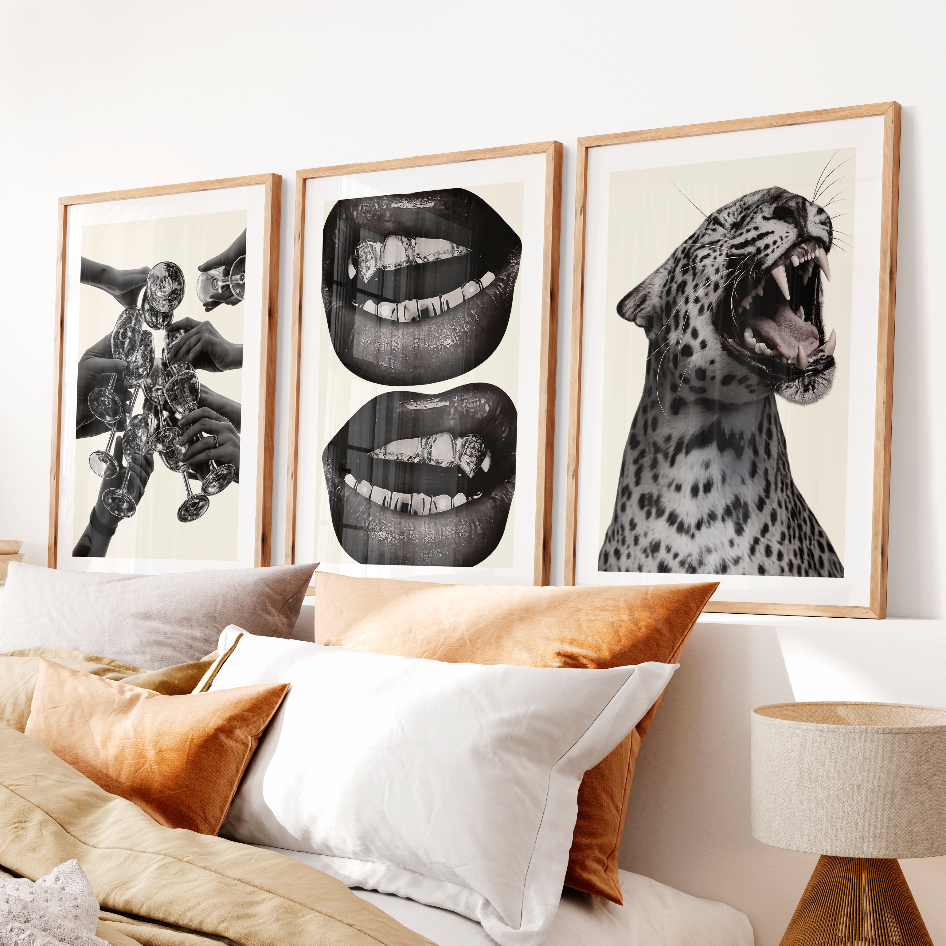 Leopard Lips Modern Retro Wall Decor- Natural Wood Framed Poster with White Border - Artworksets