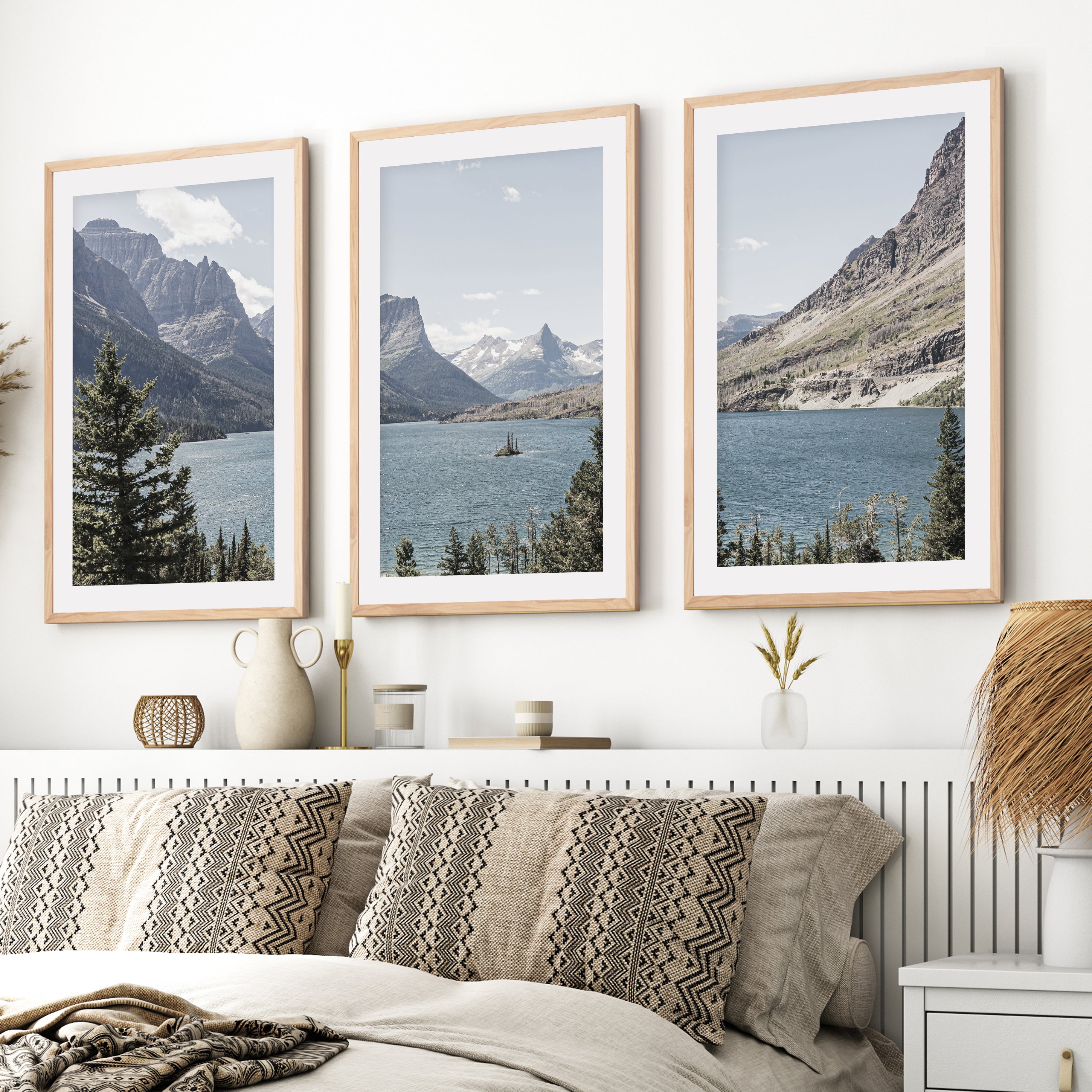 Montana Glacier National Park. Mountain Lake. Travel Wall Art- Natural Wood Framed Poster with White Border - Artworksets