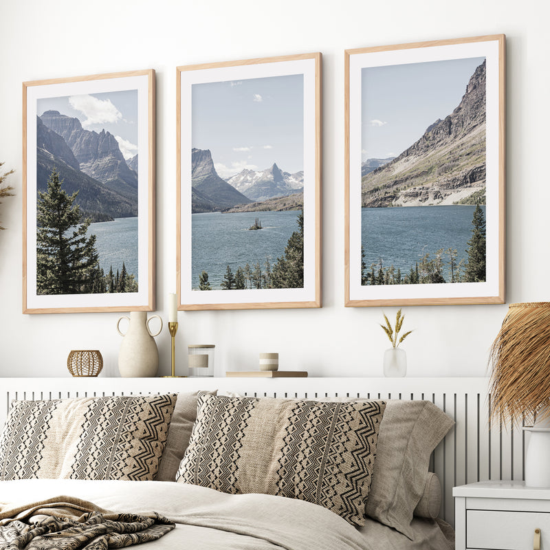 Montana Glacier National Park. Mountain Lake. Travel Wall Art- Natural Wood Framed Poster with White Border - Artworksets