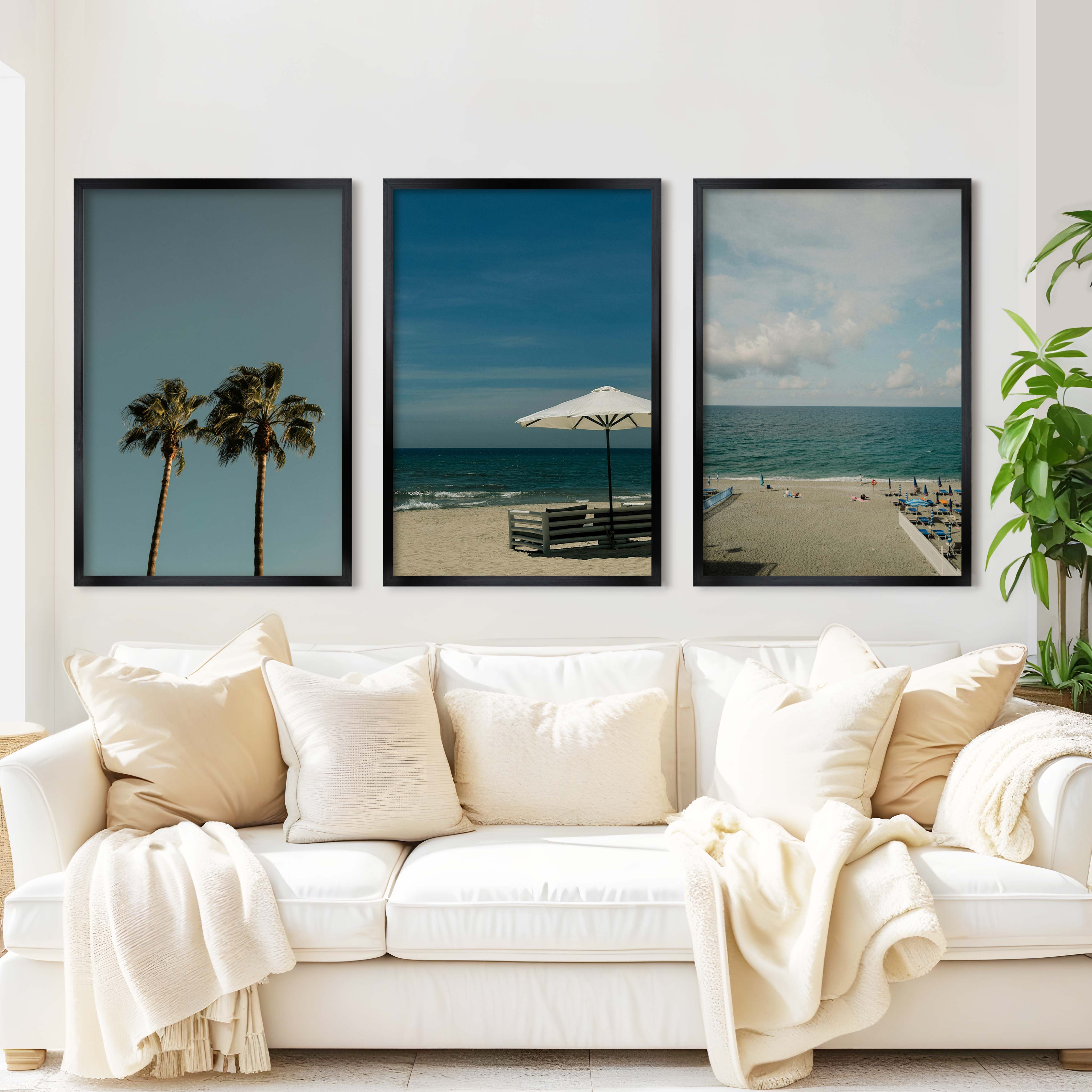 Multi Piece Wall Art – Beach Umbrella, Palms & Shoreline (Set of 3) - Black Framed Poster No Border - Artworksets