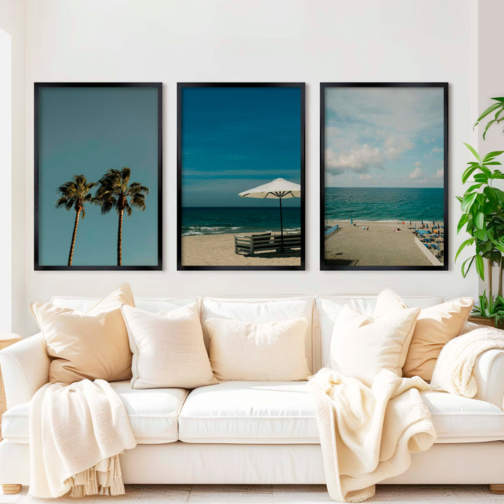 Multi Piece Wall Art – Beach Umbrella, Palms & Shoreline (Set of 3) - Black Framed Poster No Border - Artworksets