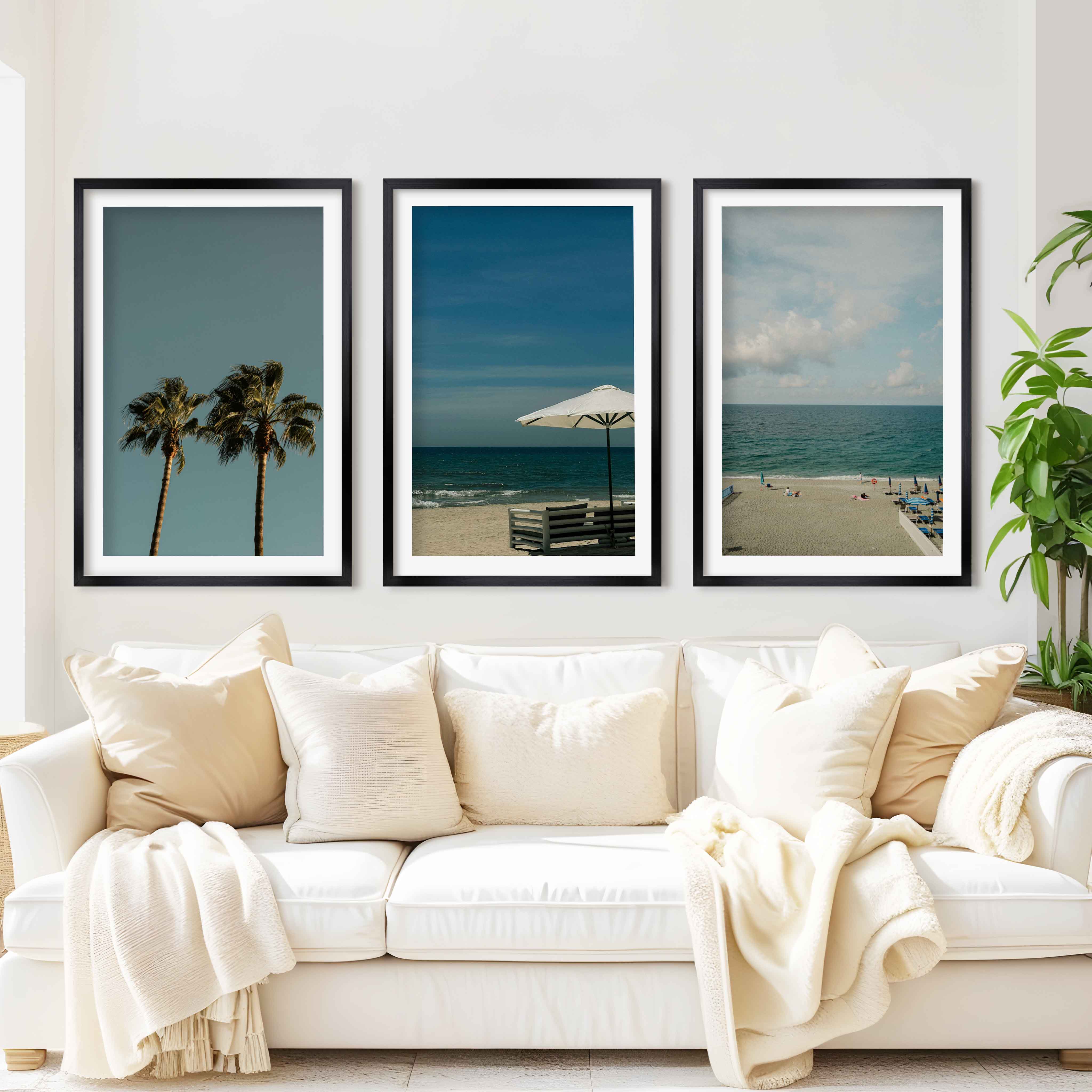 Multi Piece Wall Art – Beach Umbrella, Palms & Shoreline (Set of 3) - Black Framed Poster with White Border - Artworksets