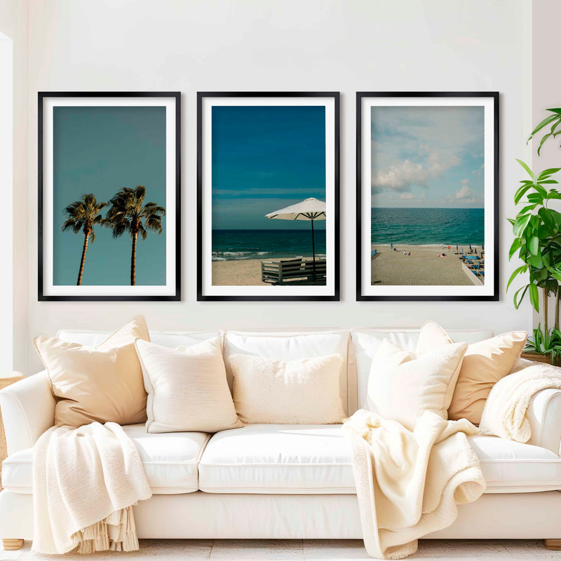 Multi Piece Wall Art – Beach Umbrella, Palms & Shoreline (Set of 3) - Black Framed Poster with White Border - Artworksets