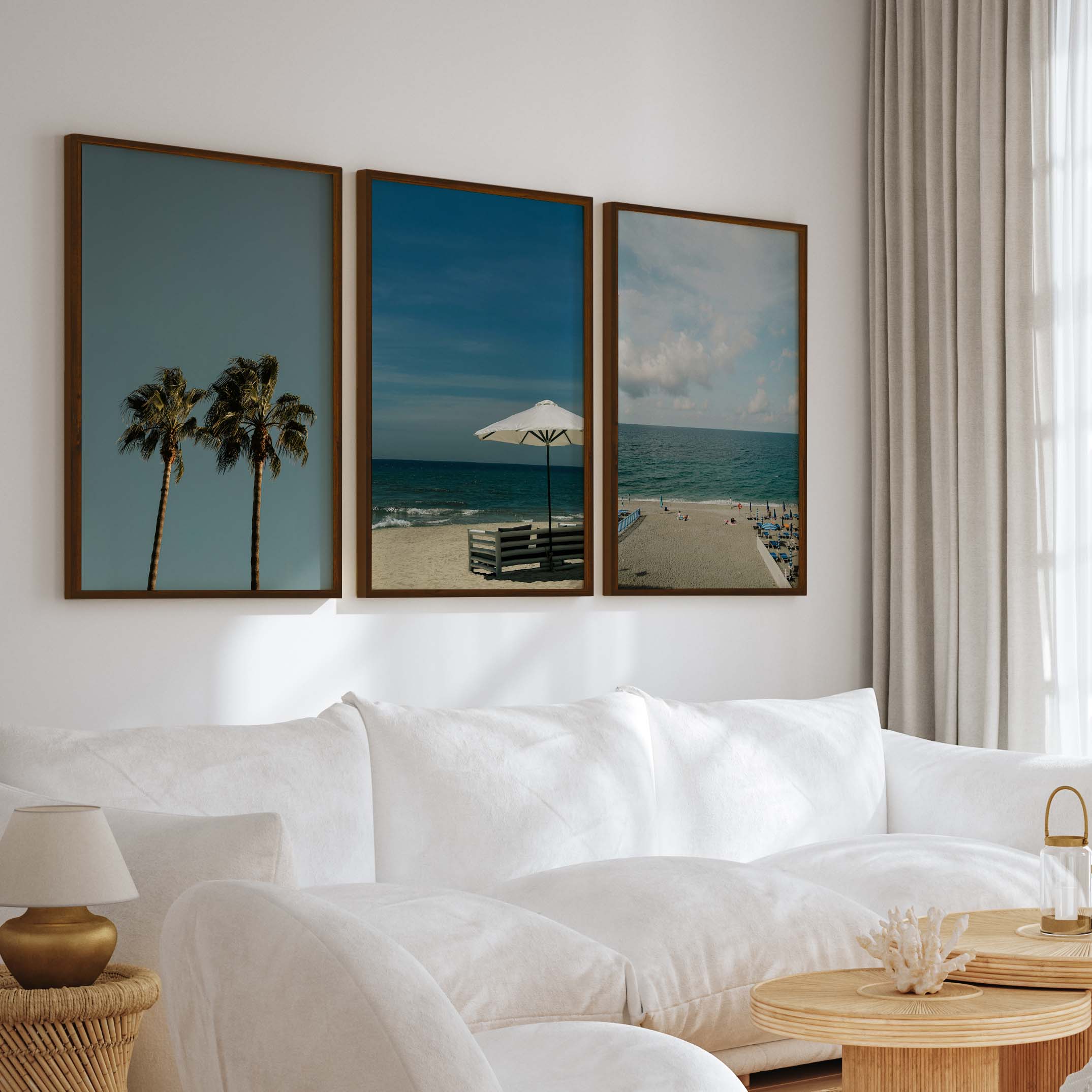 Multi Piece Wall Art – Beach Umbrella, Palms & Shoreline (Set of 3) - Dark Brown Framed Poster No Border - Artworksets